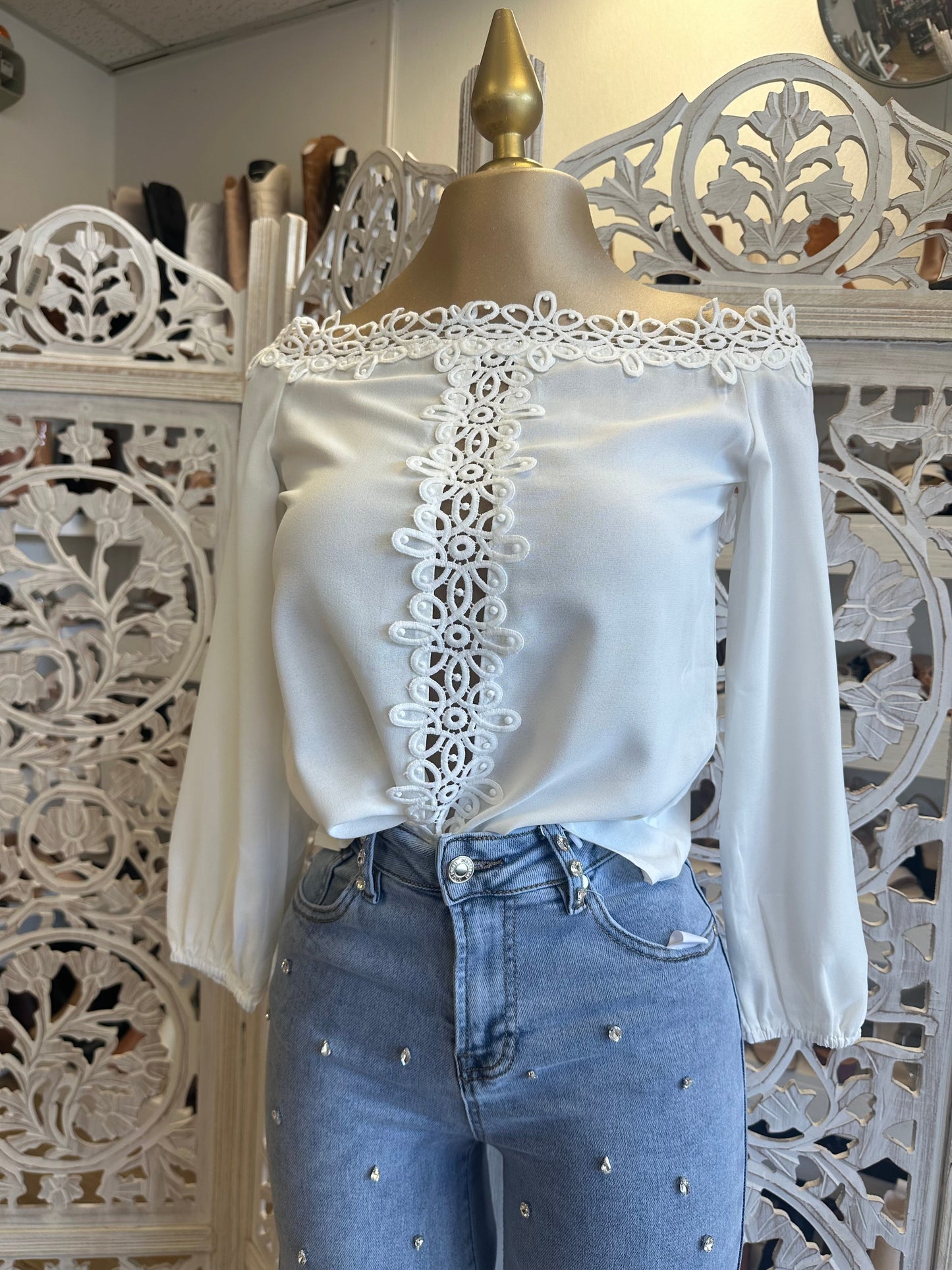 Off Shoulder Lace White Blouse - Not Stretchy