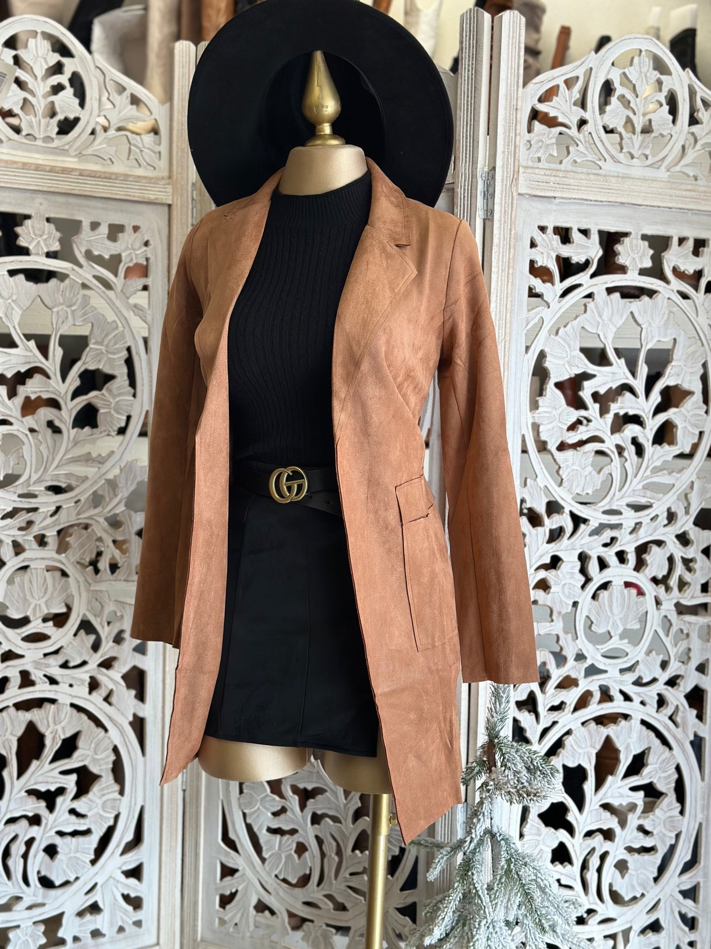 Brown Suede Blazer Coat with Side Pockets