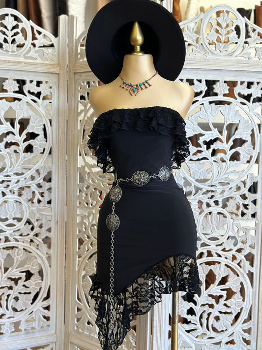 Black Lace Ruffle Off Shoulder Dress- Stretchy