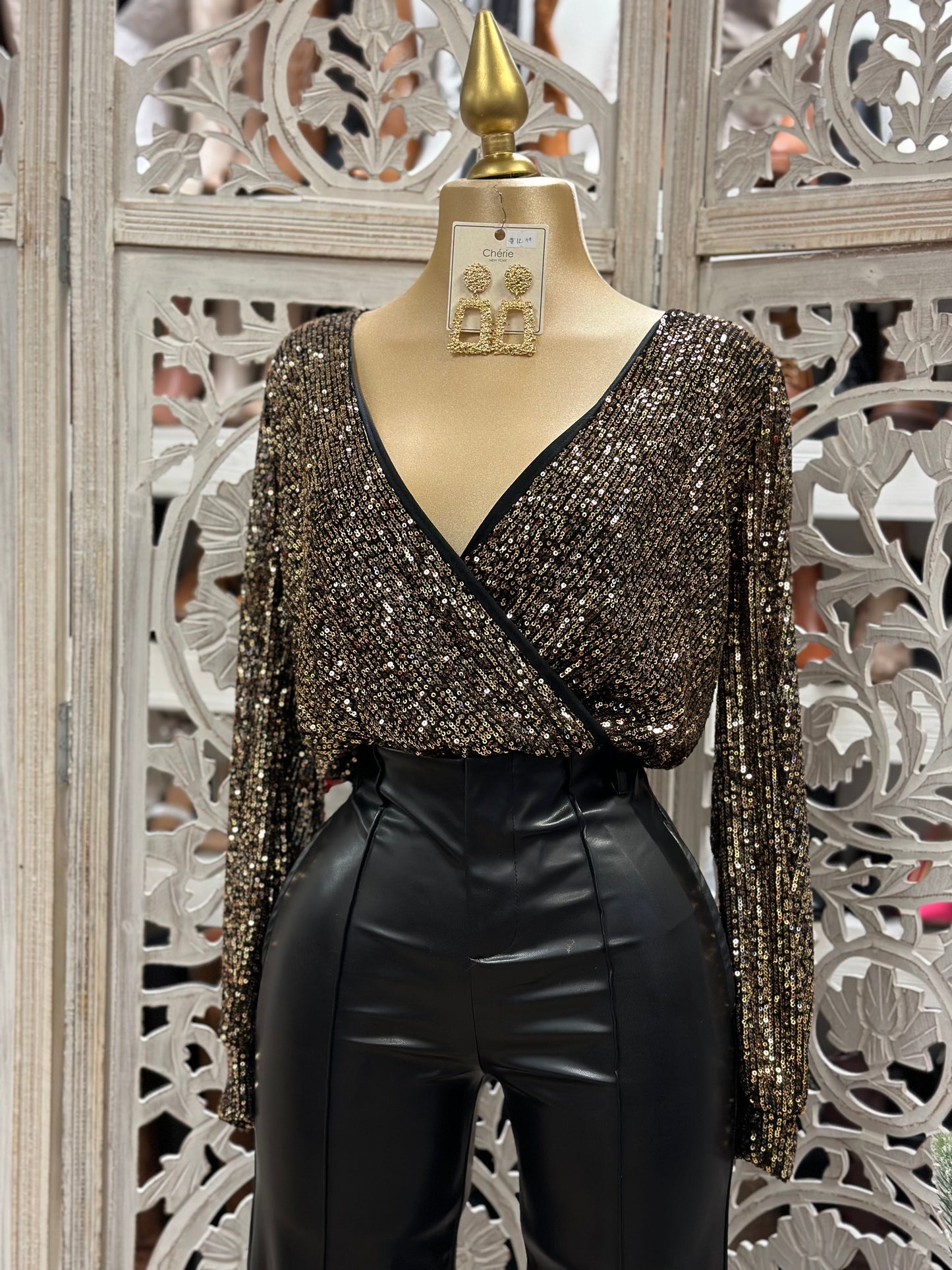 Gold and Black Wrapped Sequin Blouse