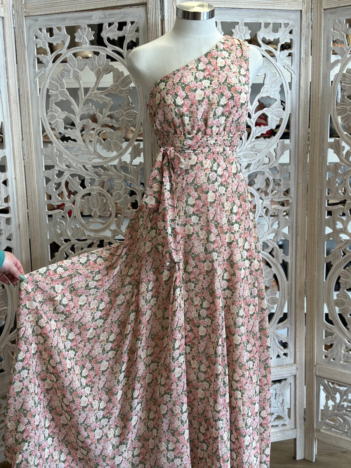 One Sleeve Pink Floral Maxi Dress- Not Stretchy