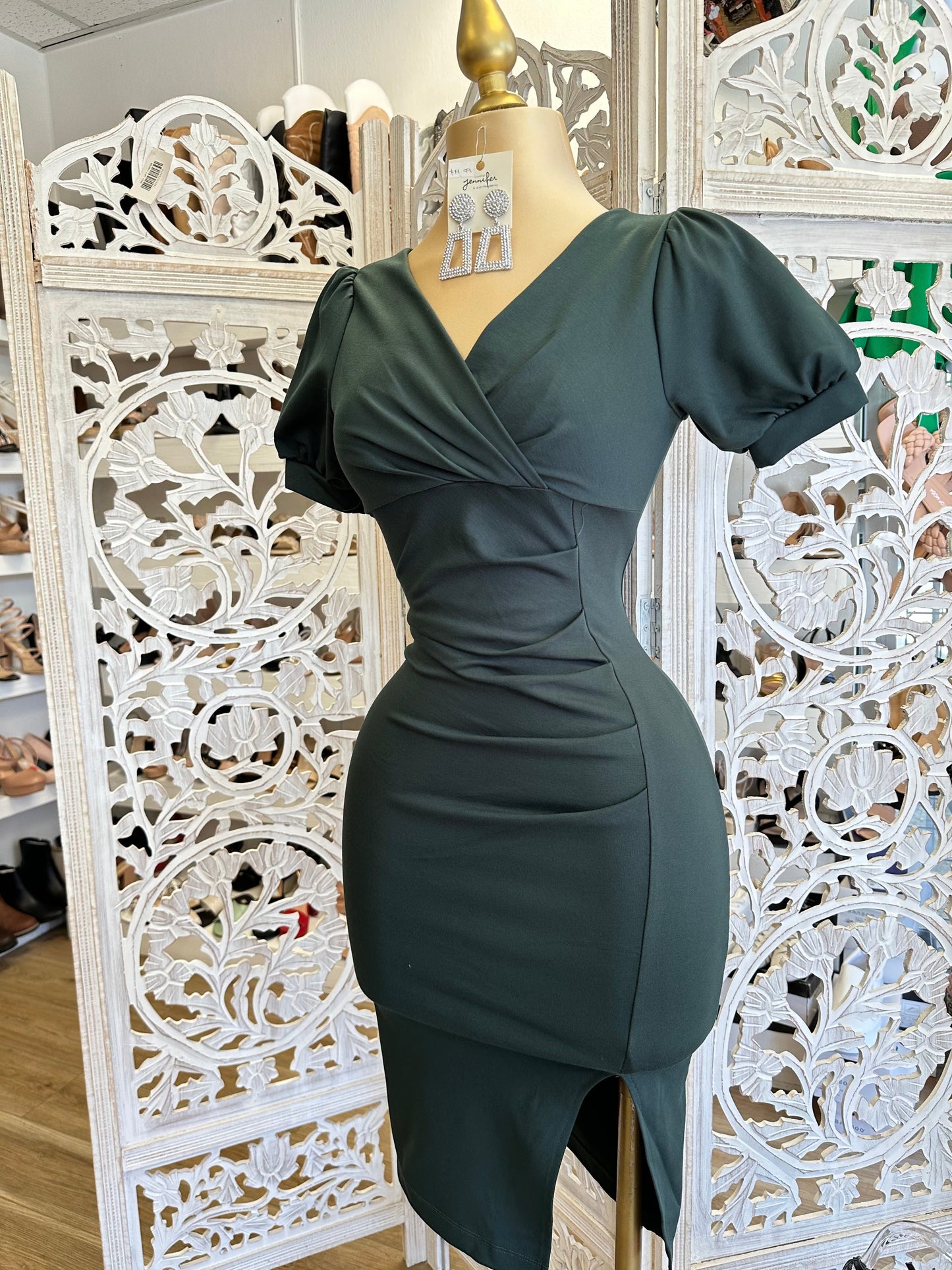 Sage Puff Sleeve Cross Front Dress