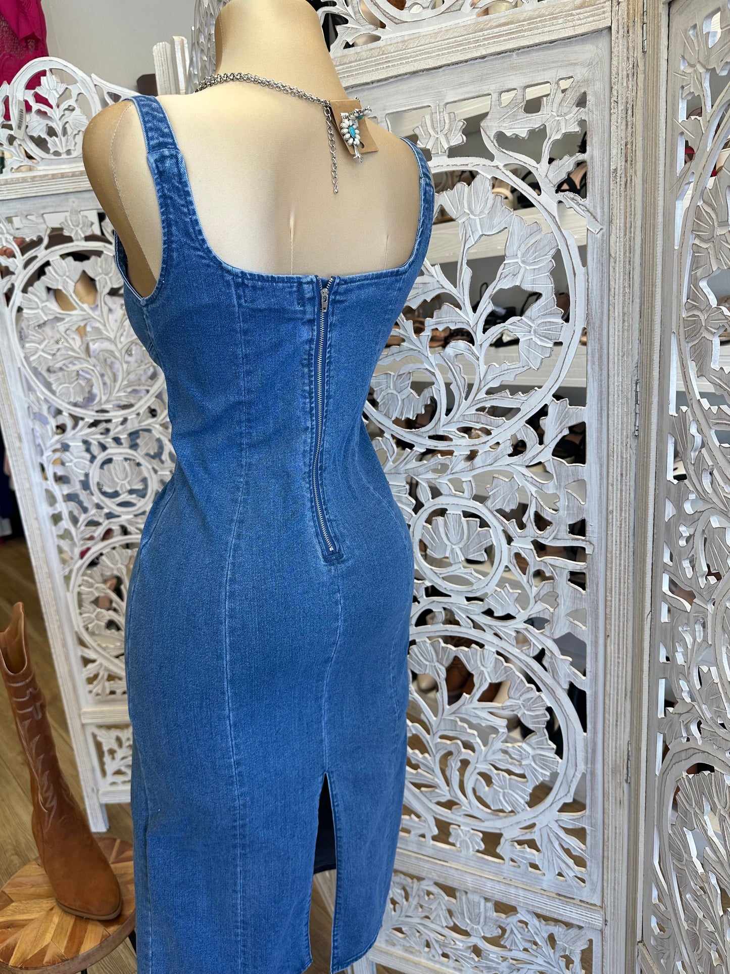 Denim Square Neck Midi Dress- Slightly Stretchy