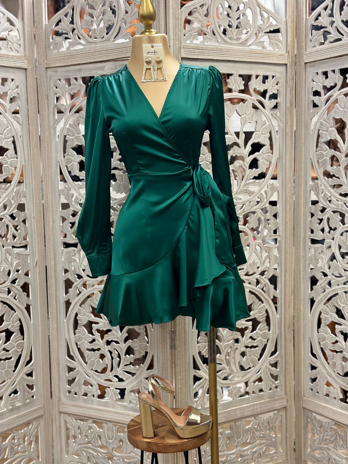 Forest Green Silky Wrapped Dress