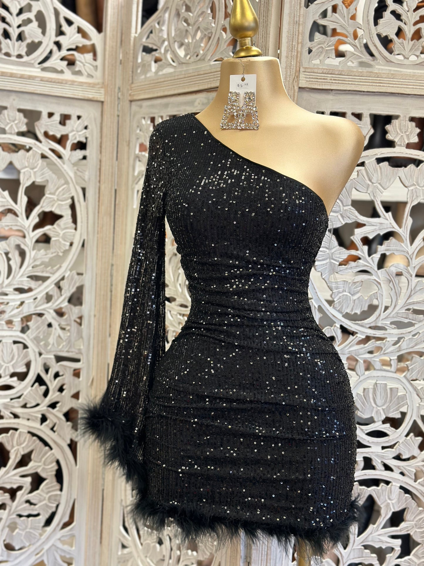 Black Sequin Feathered Dress