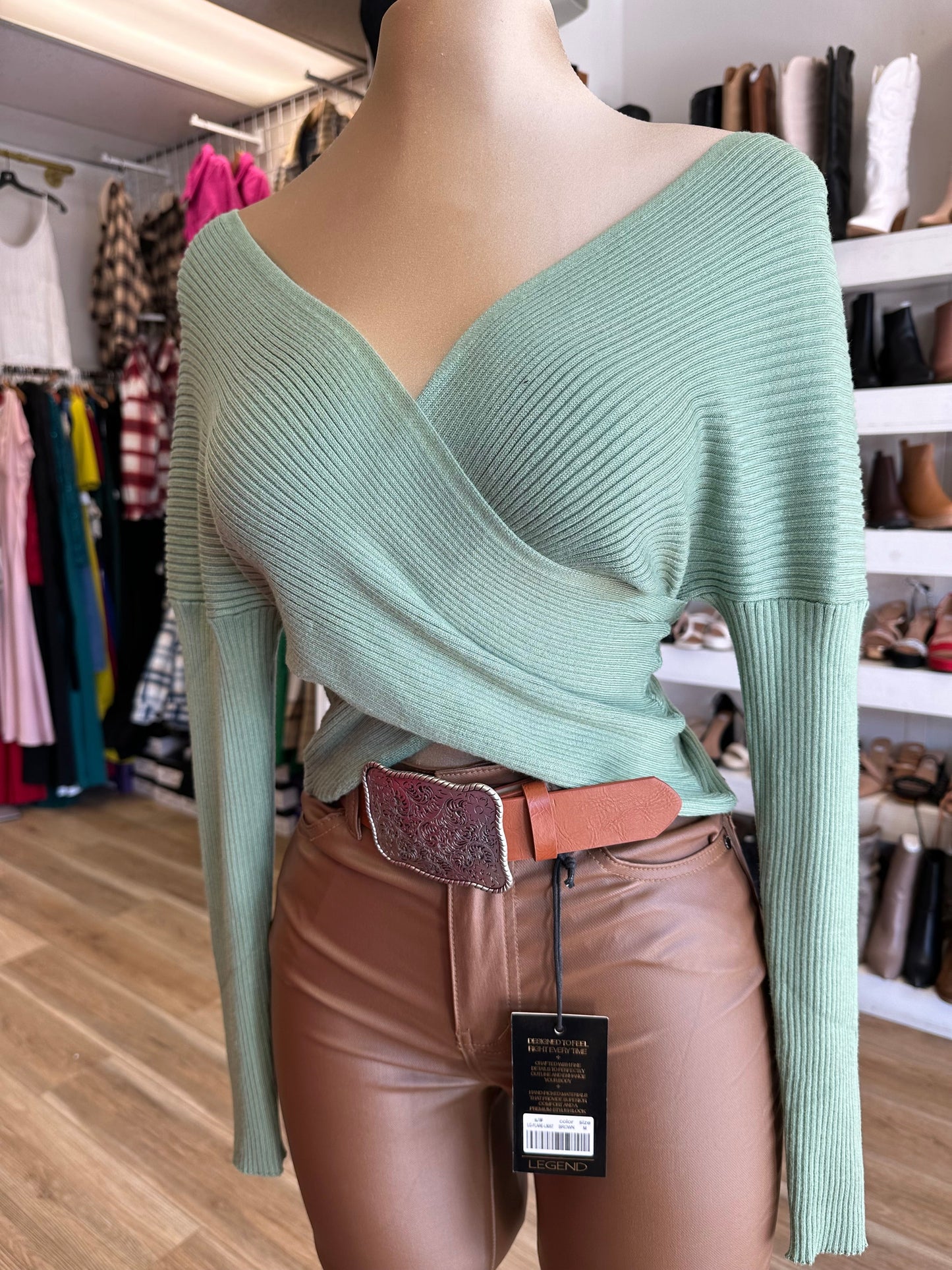 Green Ribbed Wrapped Blouse