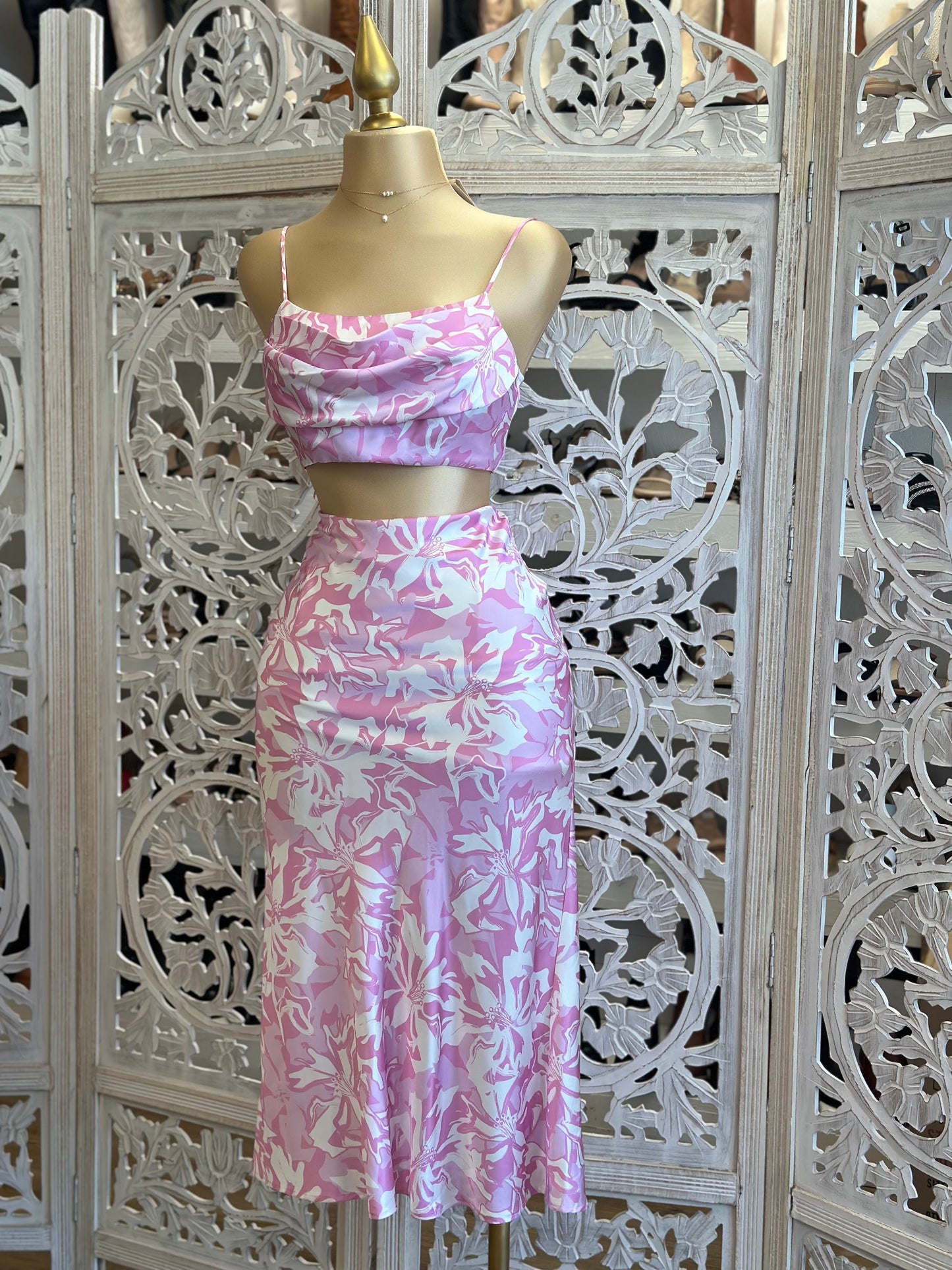 Pink Patterned Midi Skirt Set-  Not Stretchy