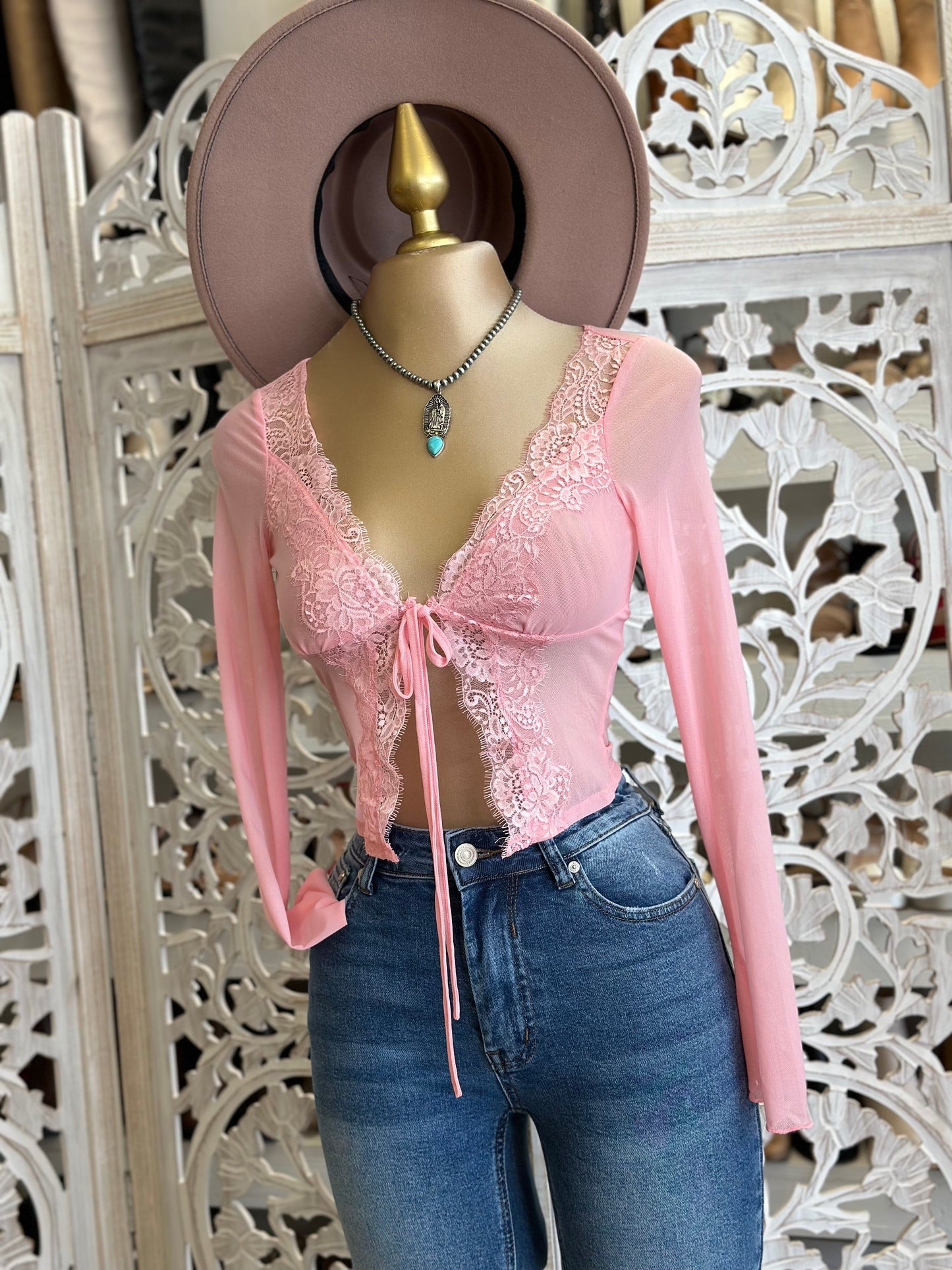 Pink Mesh Lace Tie Up Blouse- Stretchy