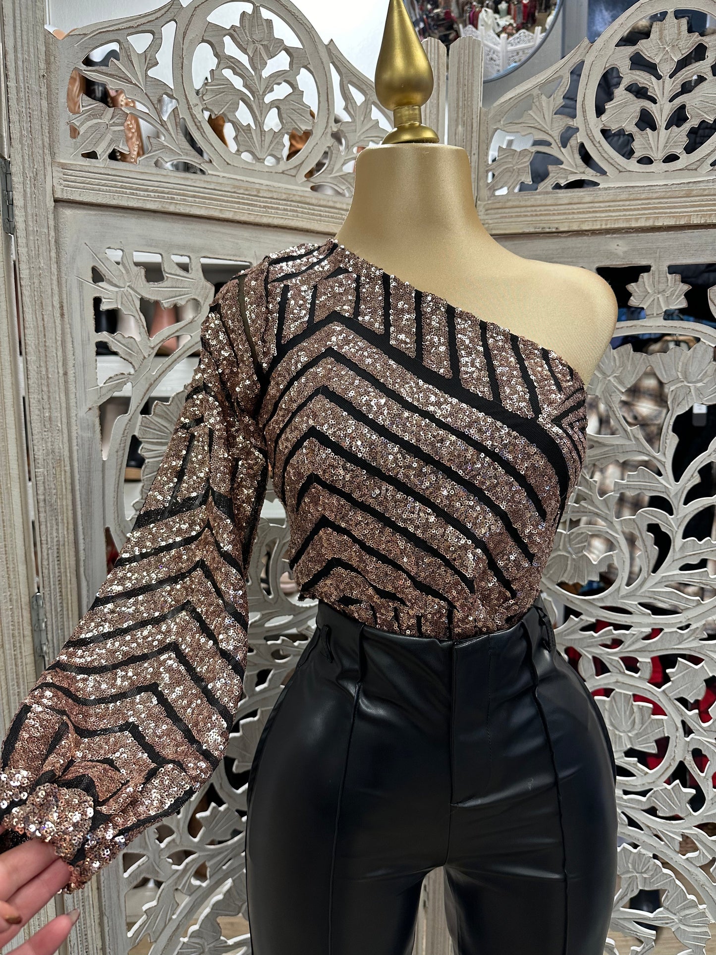 Sequin Assymetric One Sleeve Blouse