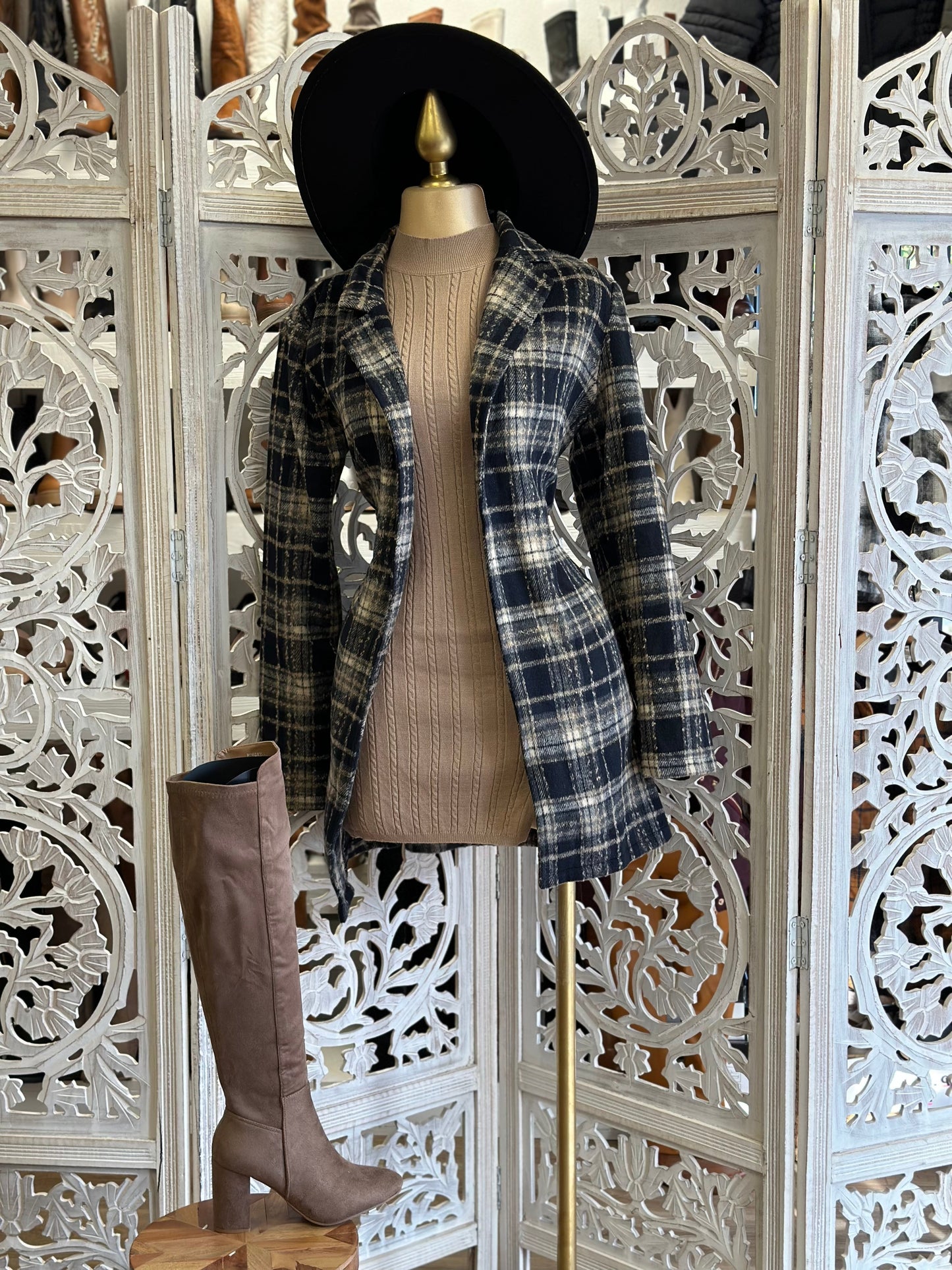 Black Plaid Mid Coat