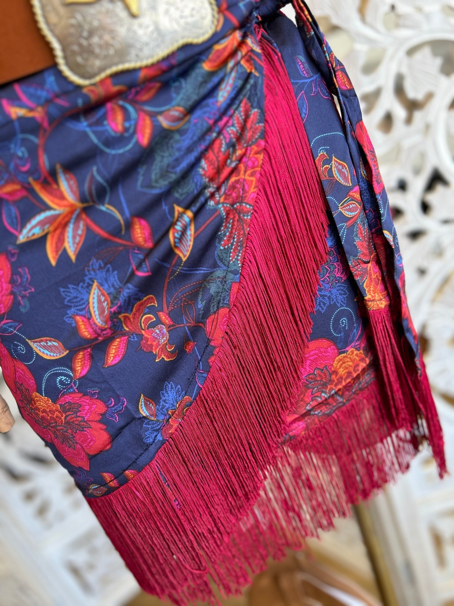 Fringe Draped Floral Skirt - Slightly Stretchy