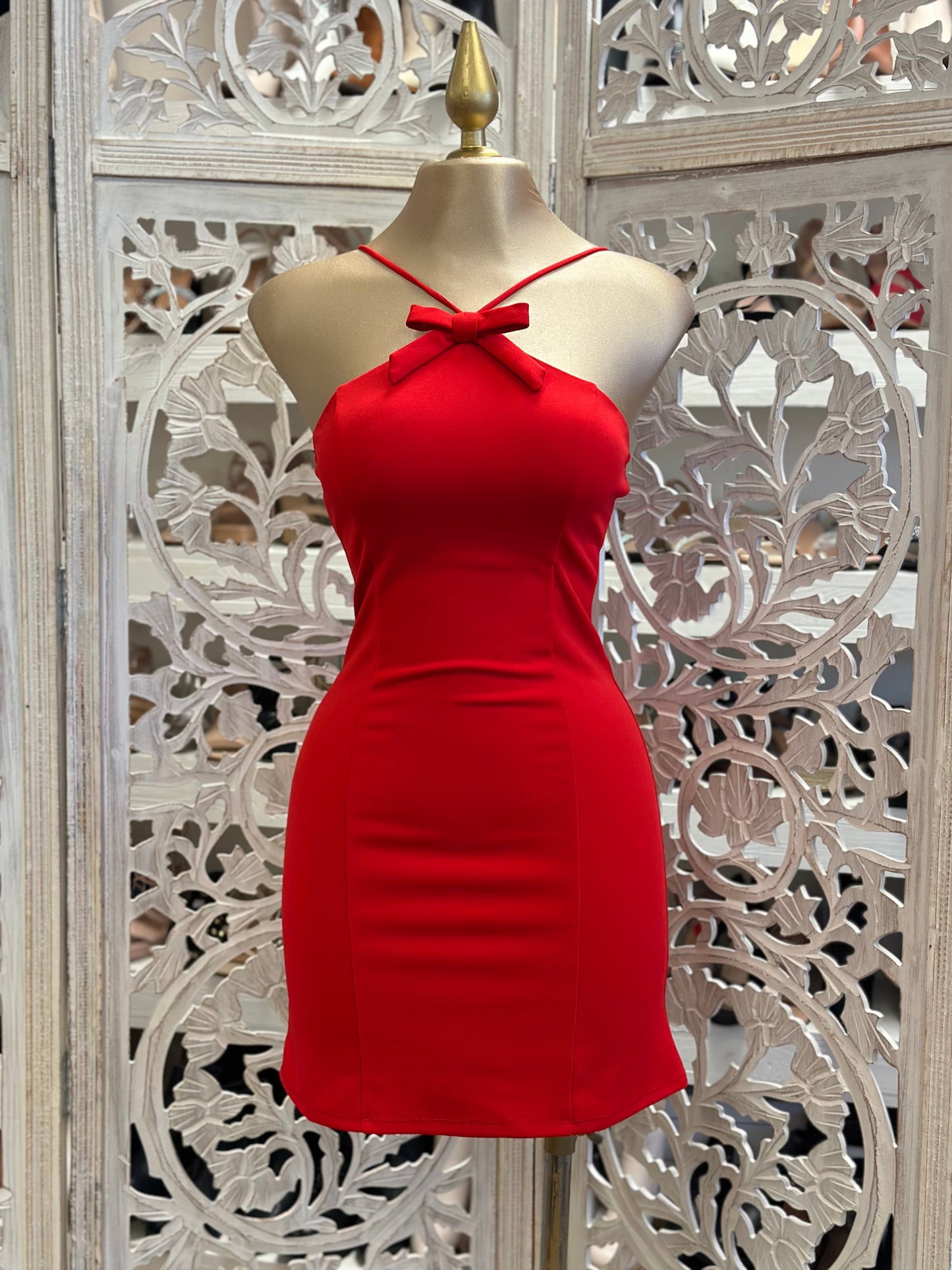 Ribbon Red Mini Dress- Stretchy