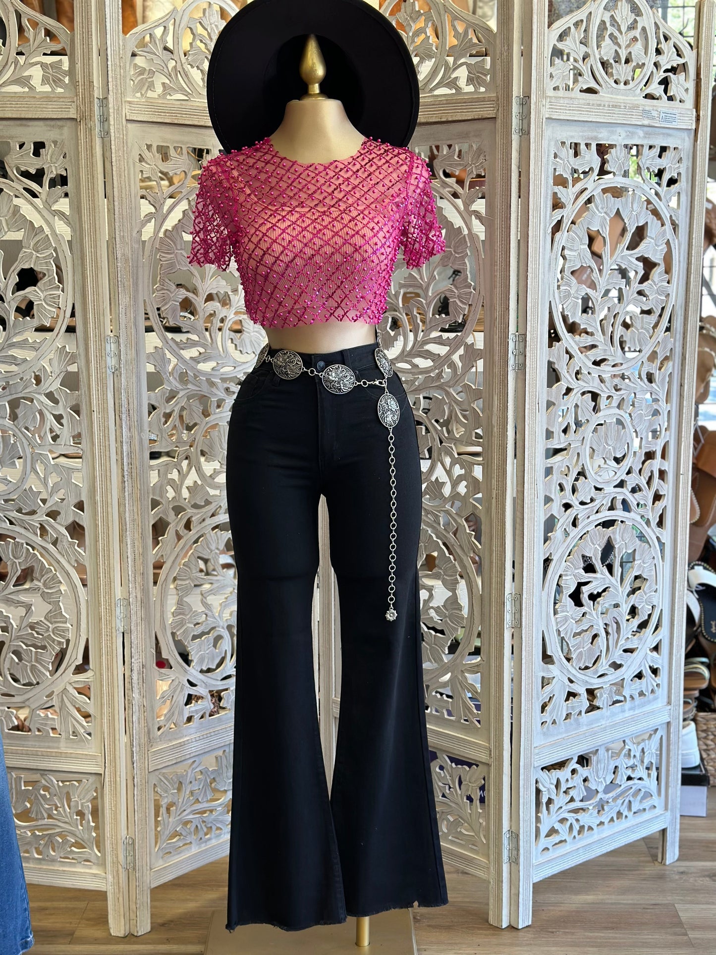 Pink Mesh Rhinestone Top