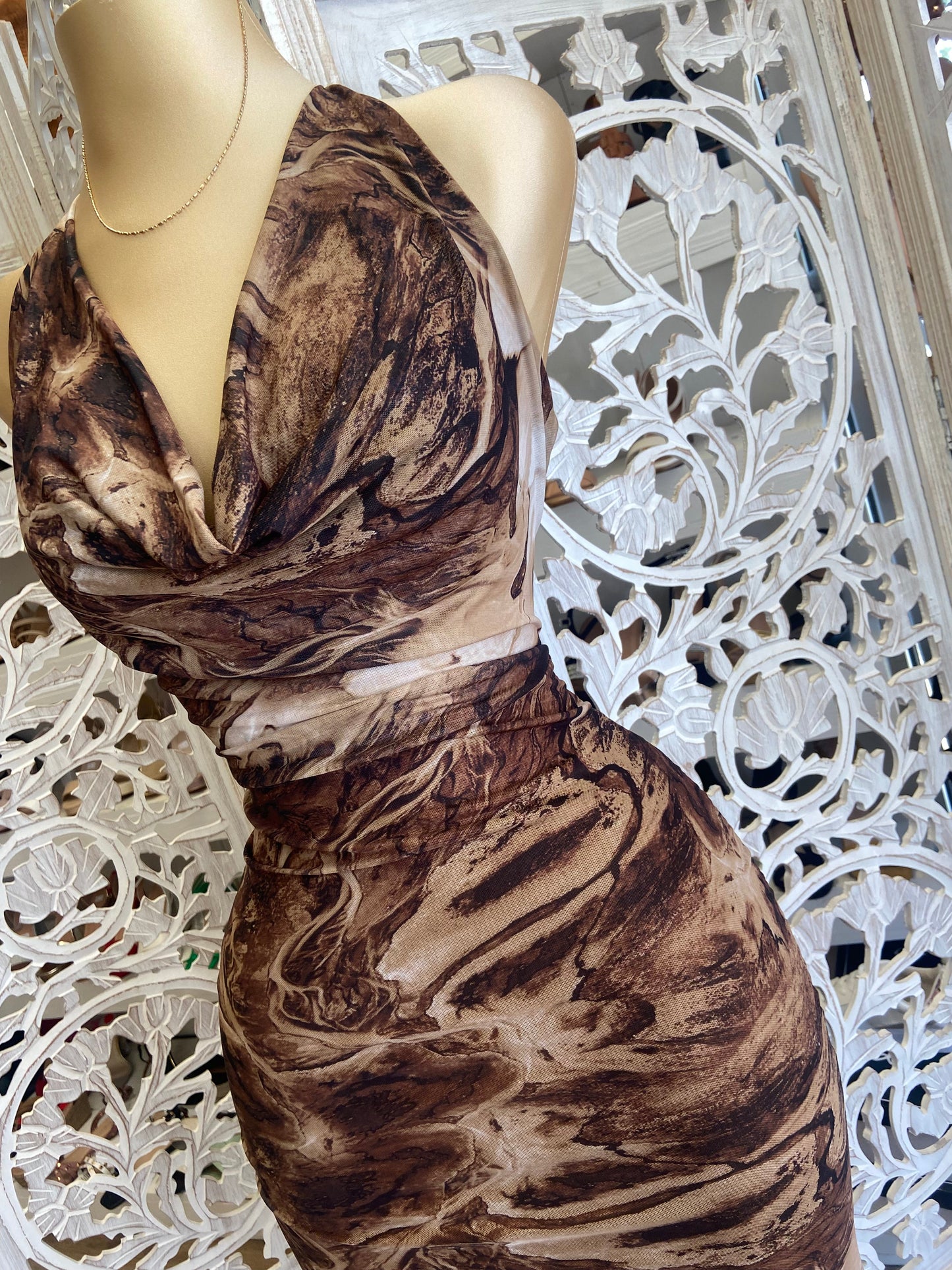 Tie Dye Cowl Neck Brown Dress