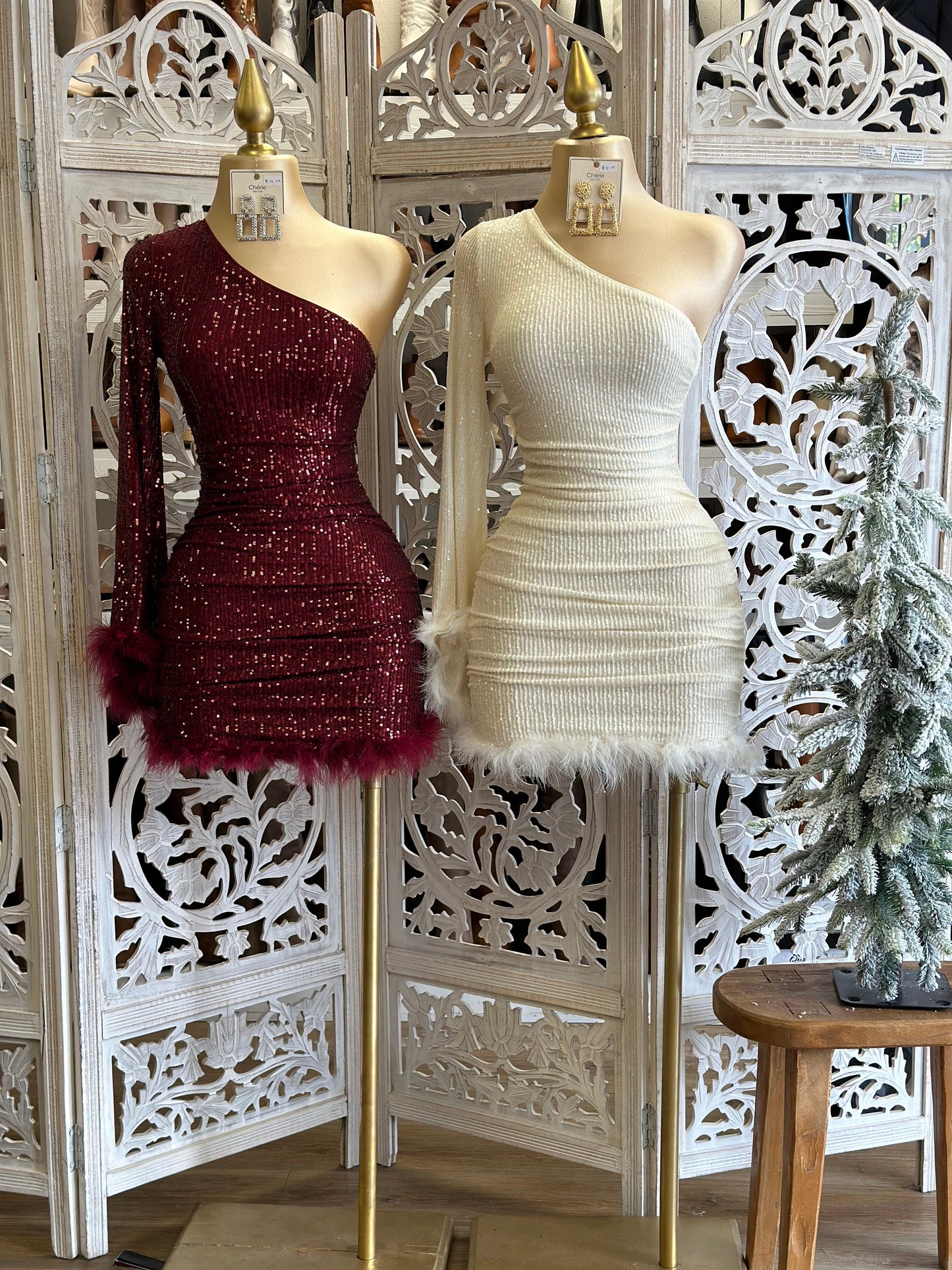 Burgundy Sequin Feathered Dress