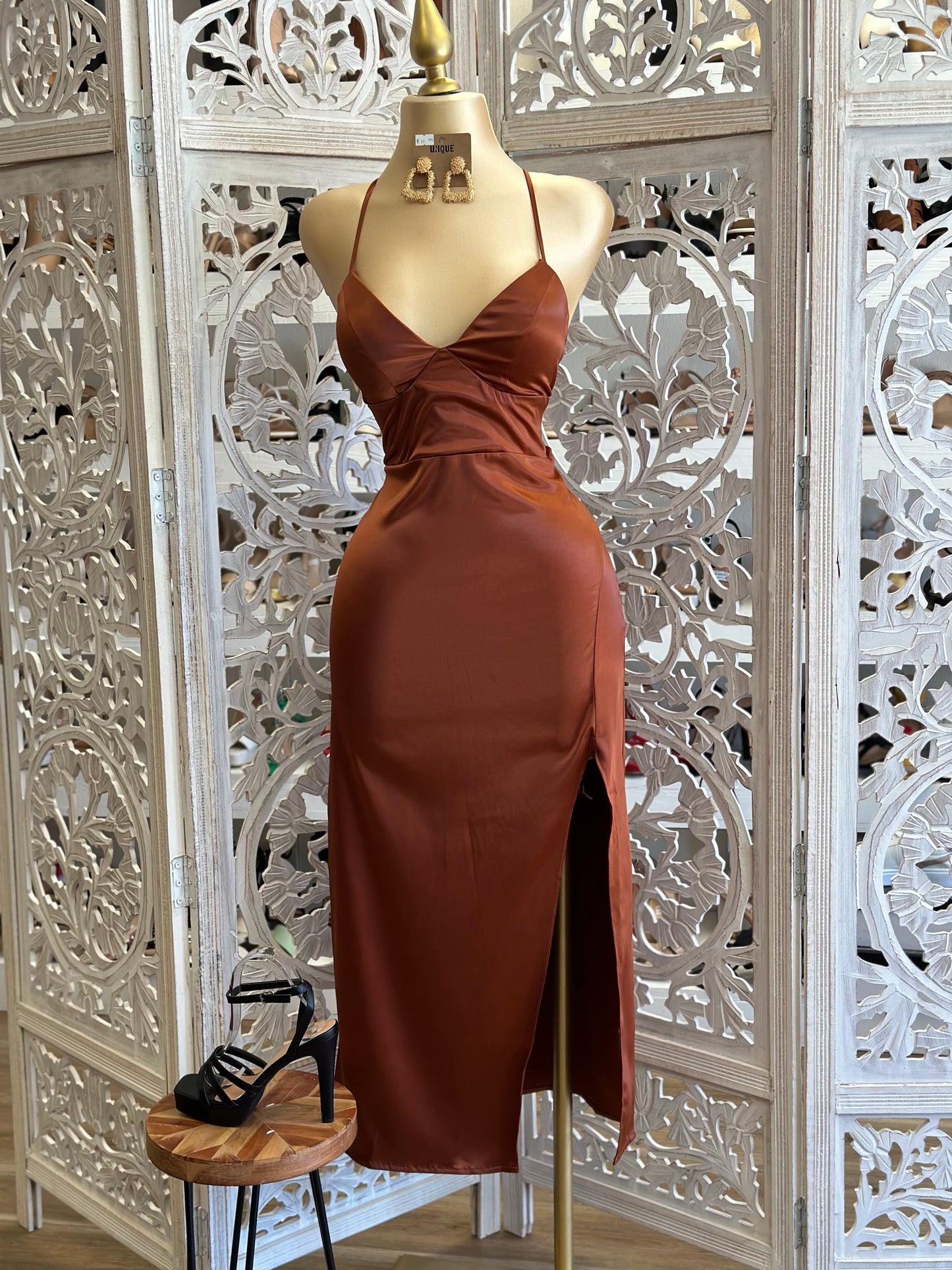 Coffee Brown Satin Tie Back Dress