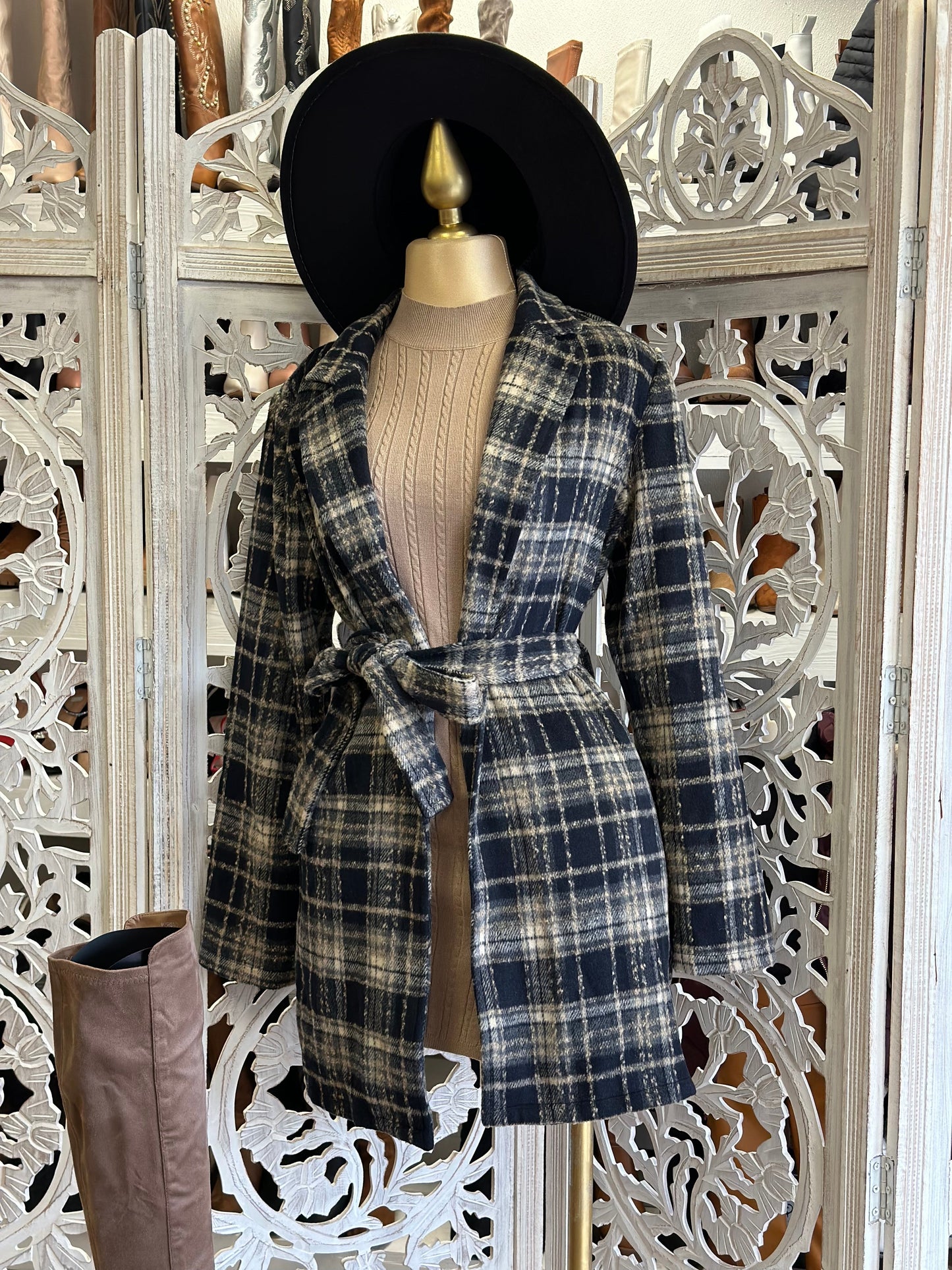 Black Plaid Mid Coat