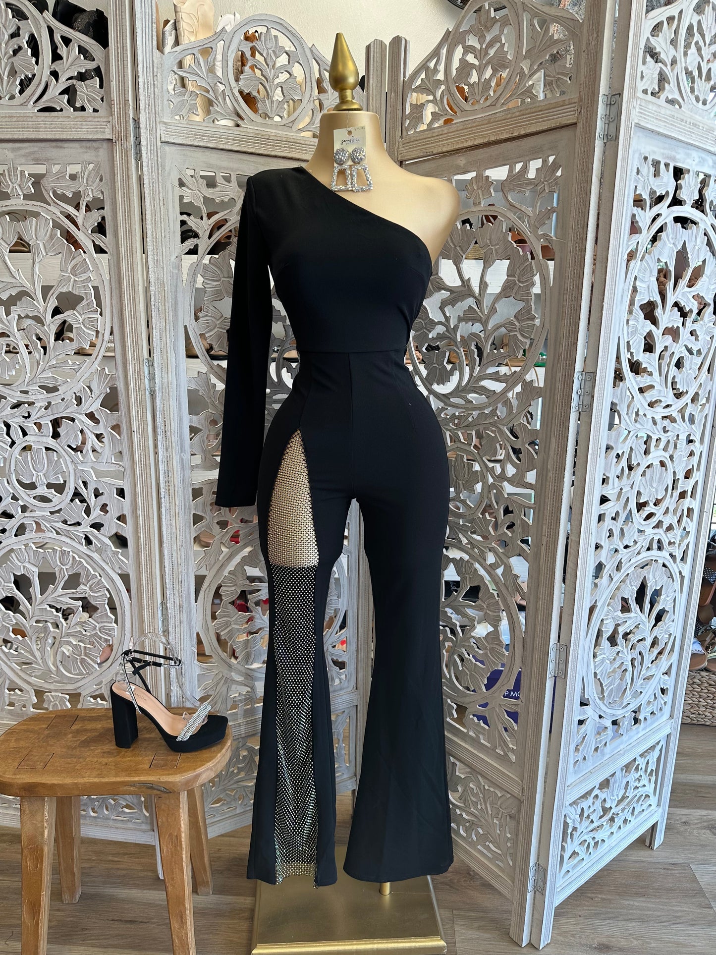 One Sleeve Cutout Rhinestone Jumpsuit