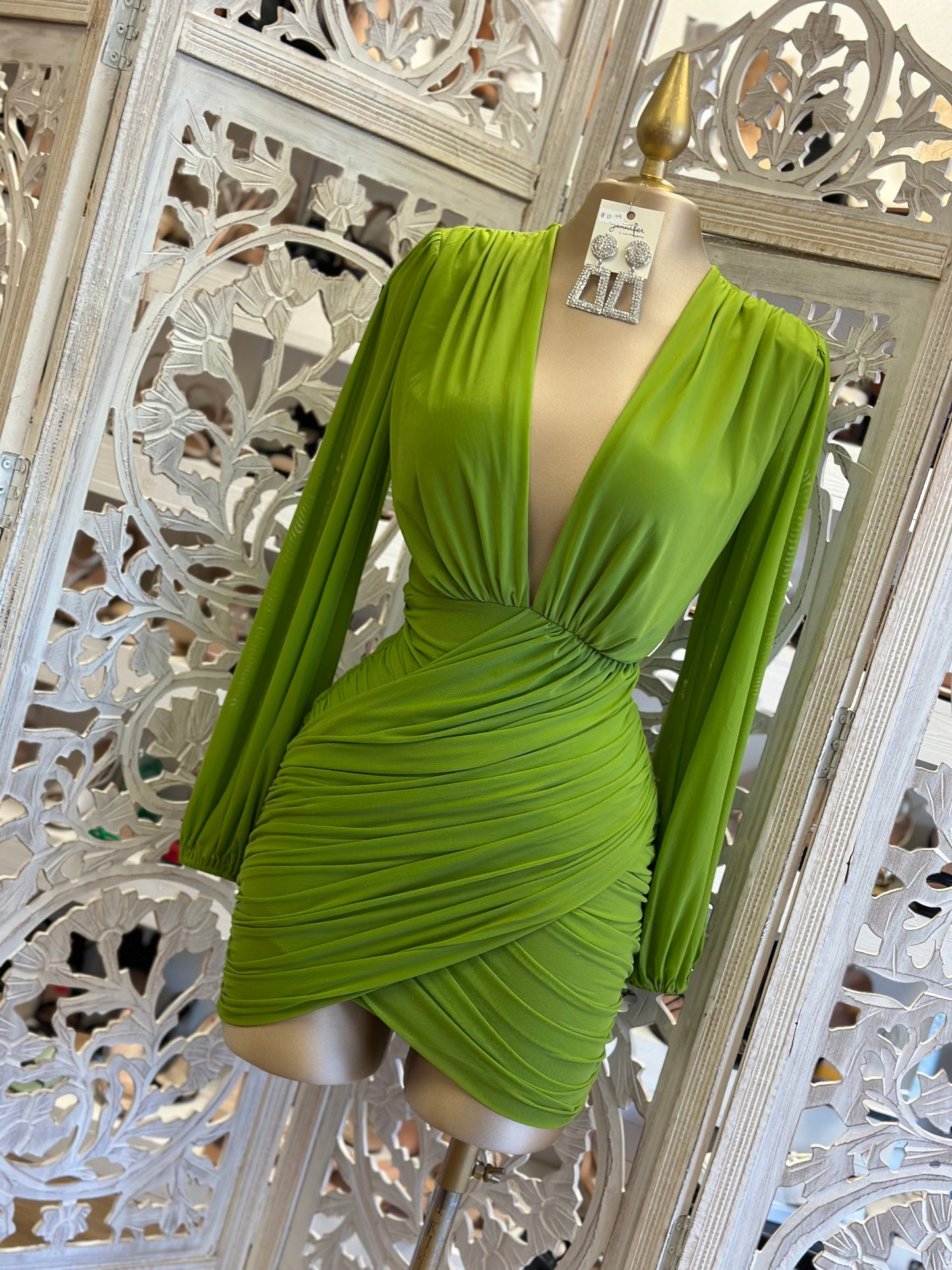 Grass Green Deep V Mini Wrapped Dress