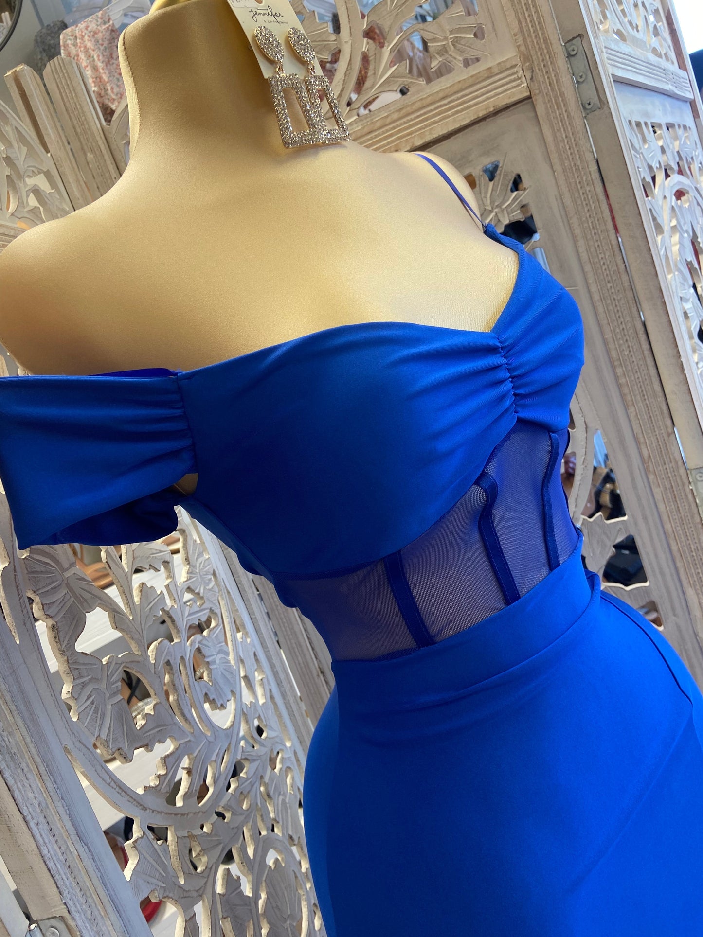 Royal Blue Corset Mesh Formal Dress