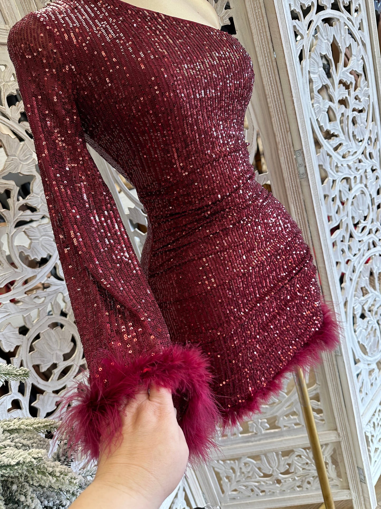 Burgundy Sequin Feathered Dress