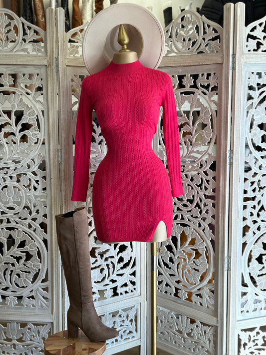 Fluorescent Pink Sweater Mock Neck Mini Dress