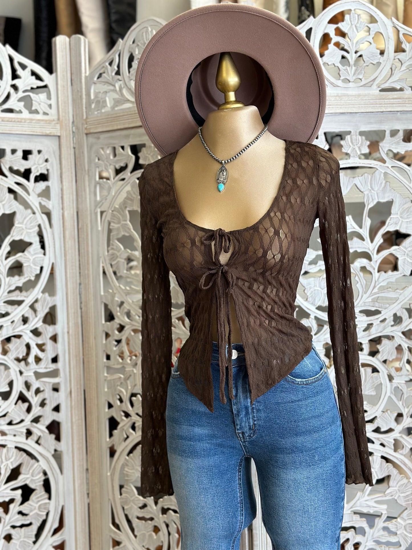 Brown Tie Front Textured Top- Stretchy