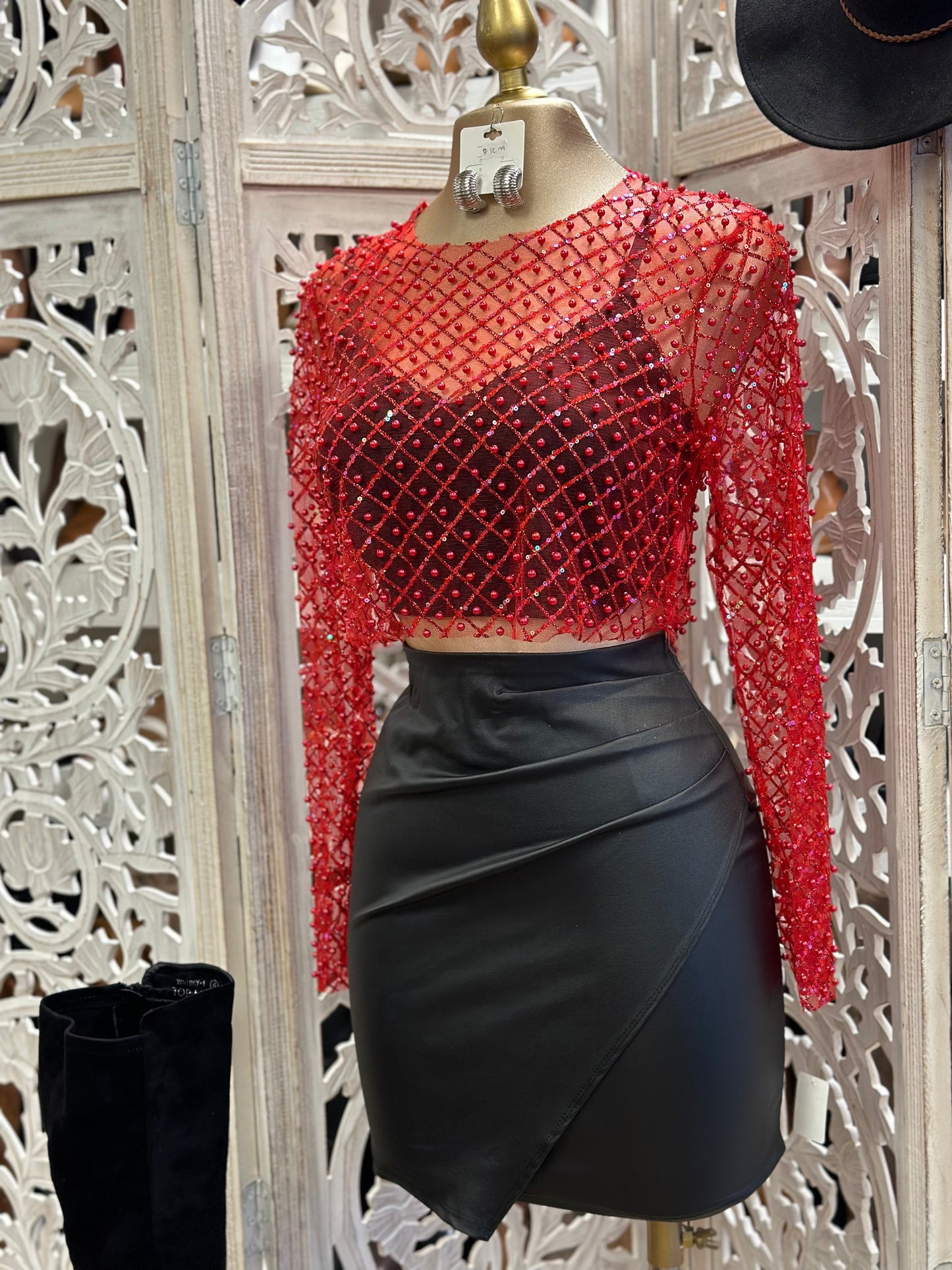 Red Mesh Rhinestone Design Blouse