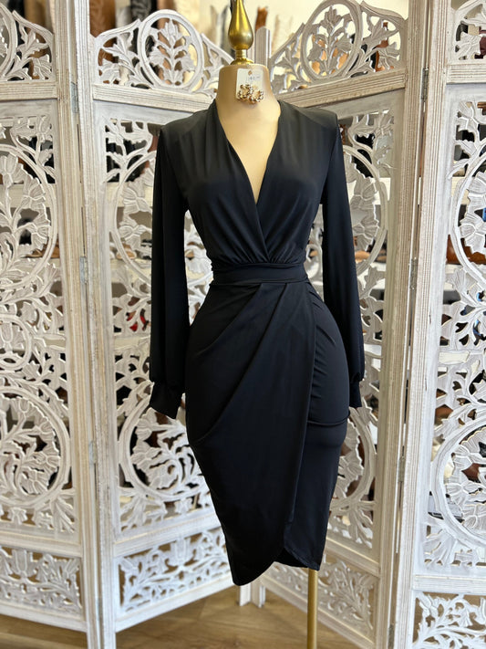 Black  Draped Midi Dress- Very Stretchy