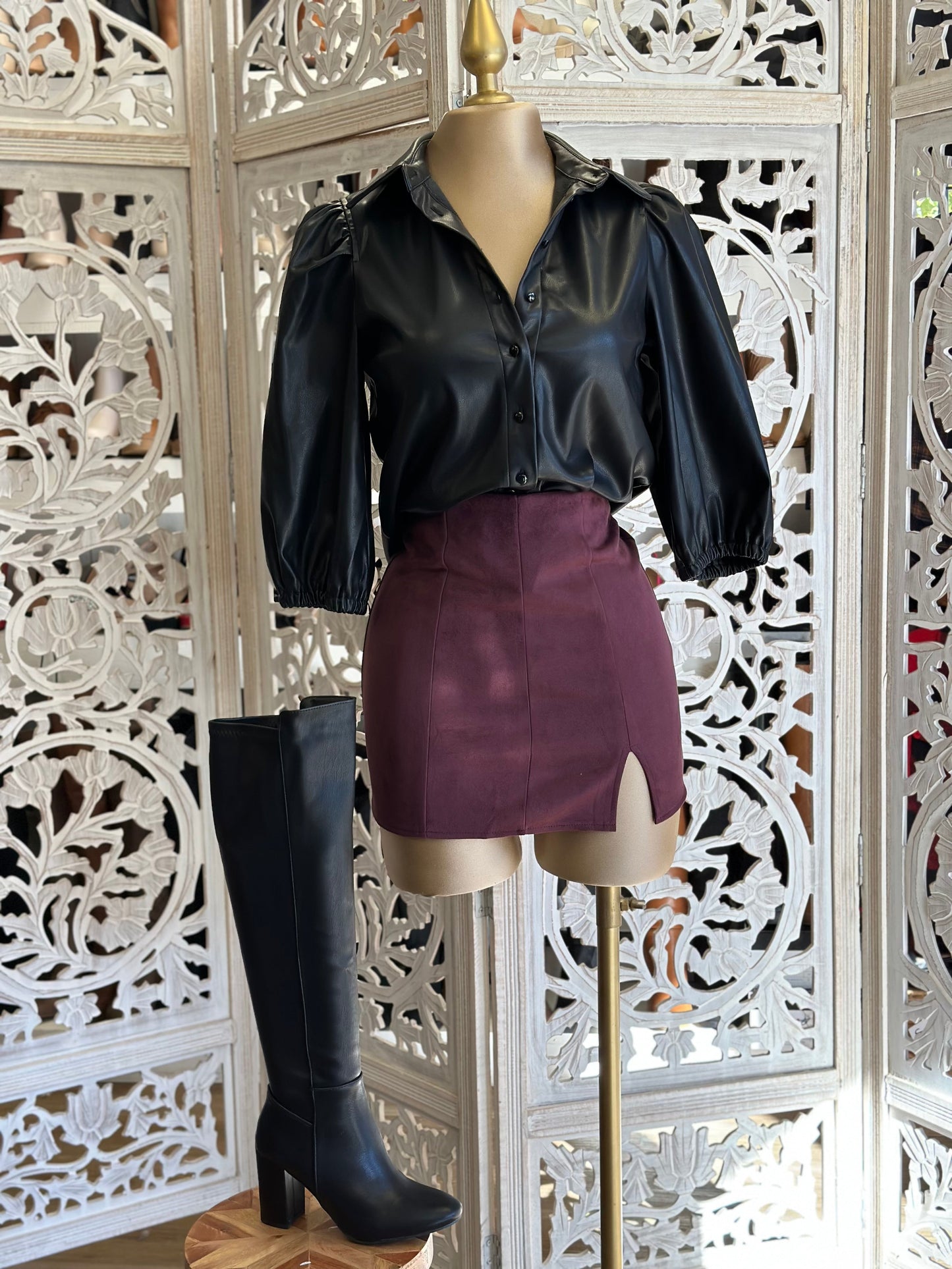 Faux Leather Puff Sleeve Blouse