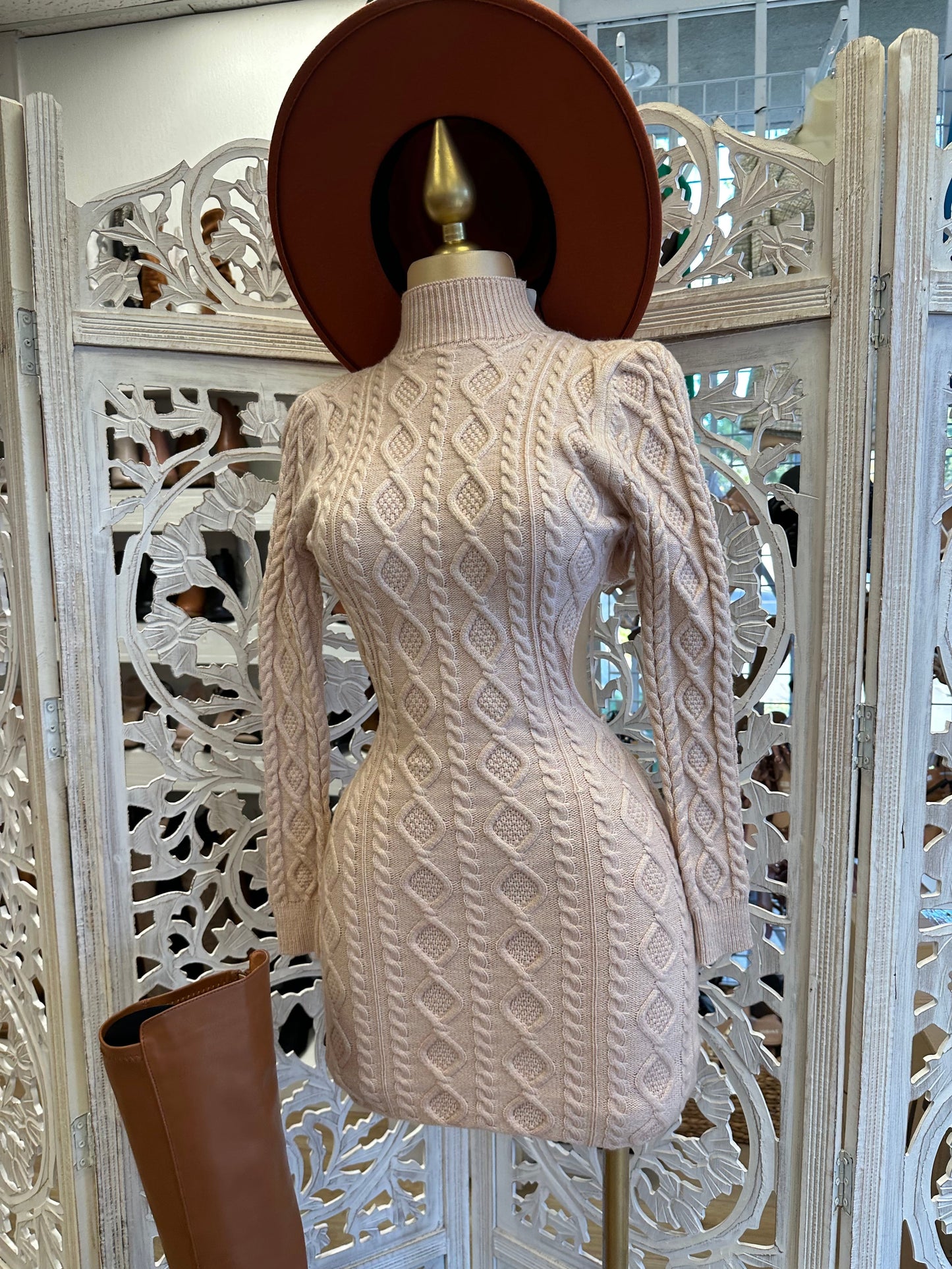 Beige Turtleneck Knit Dress