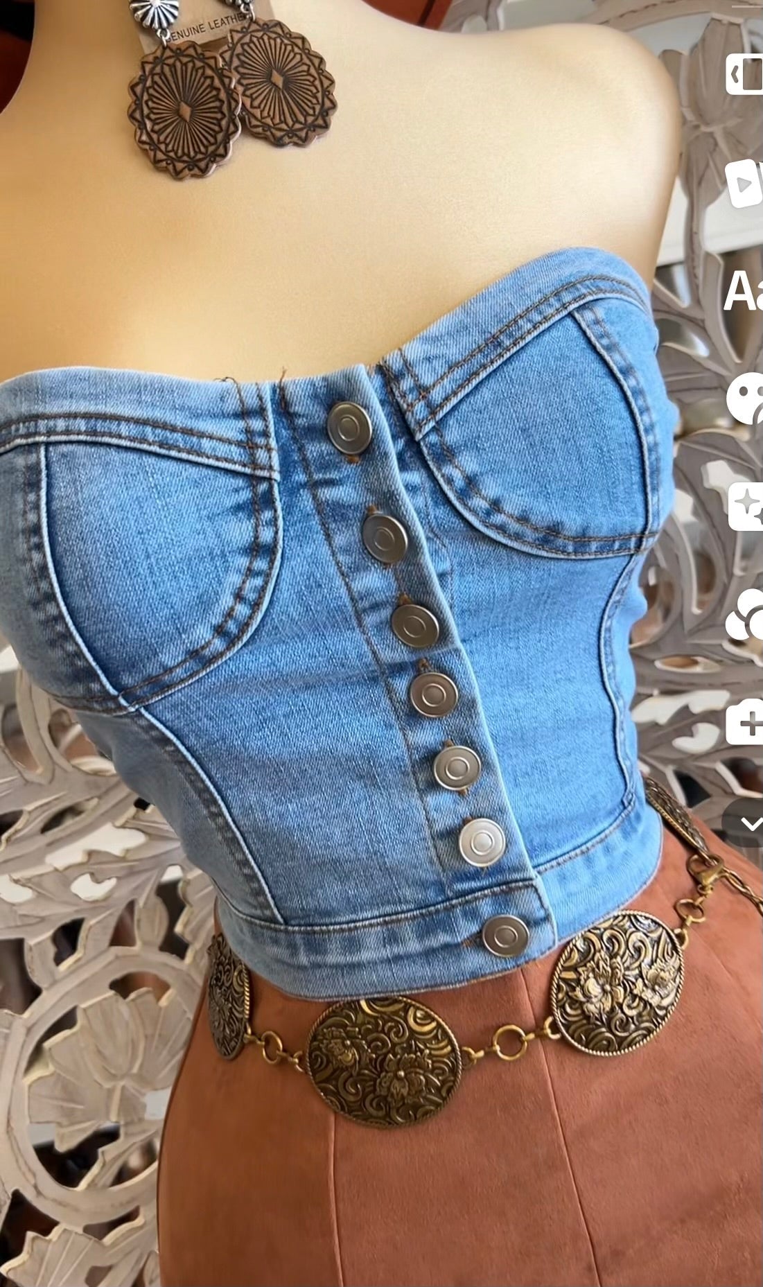 Denim Strapless Button Top- Stretchy