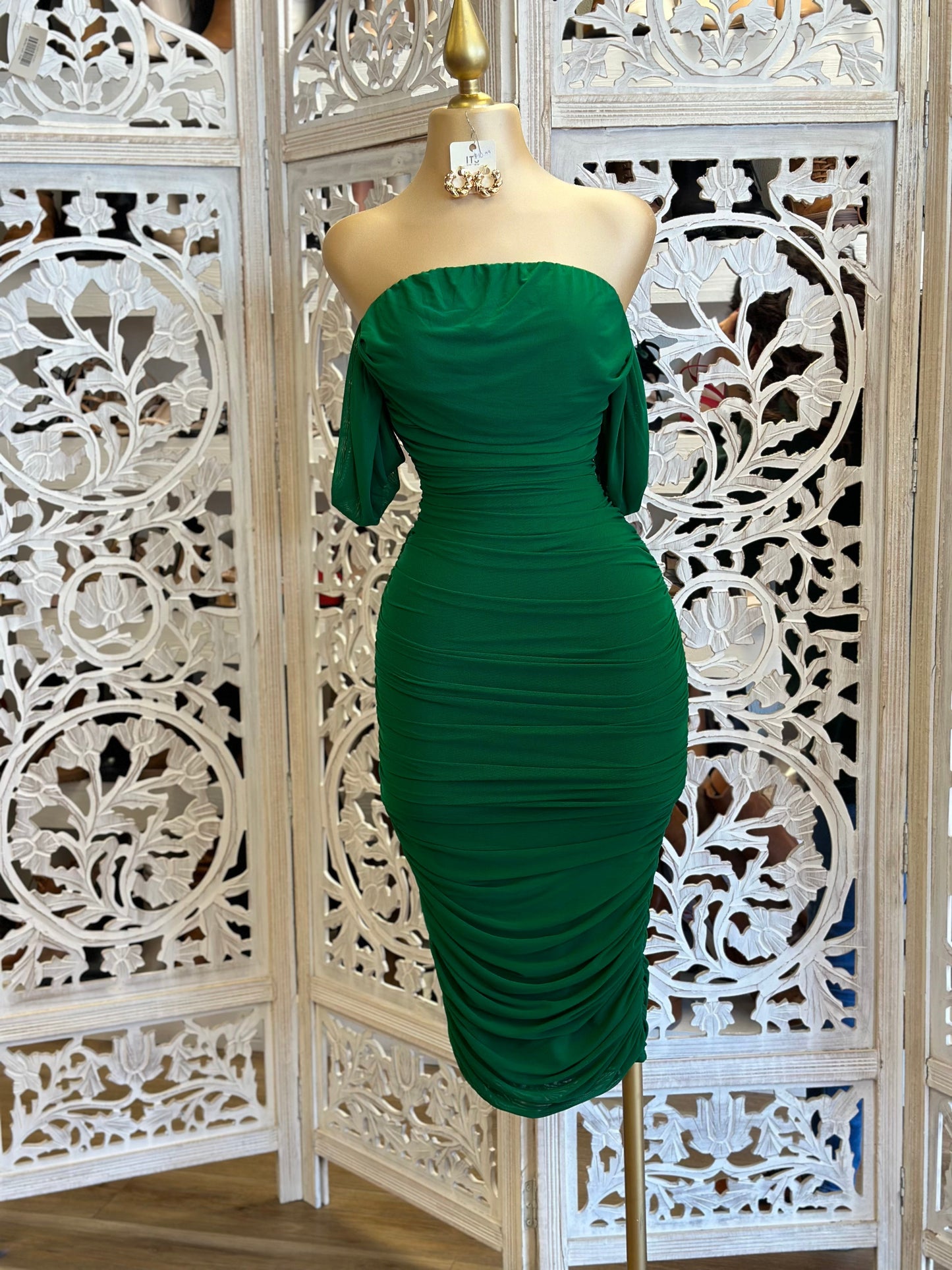 Green Off Shoulder Midi Ruched Dress- Stretchy