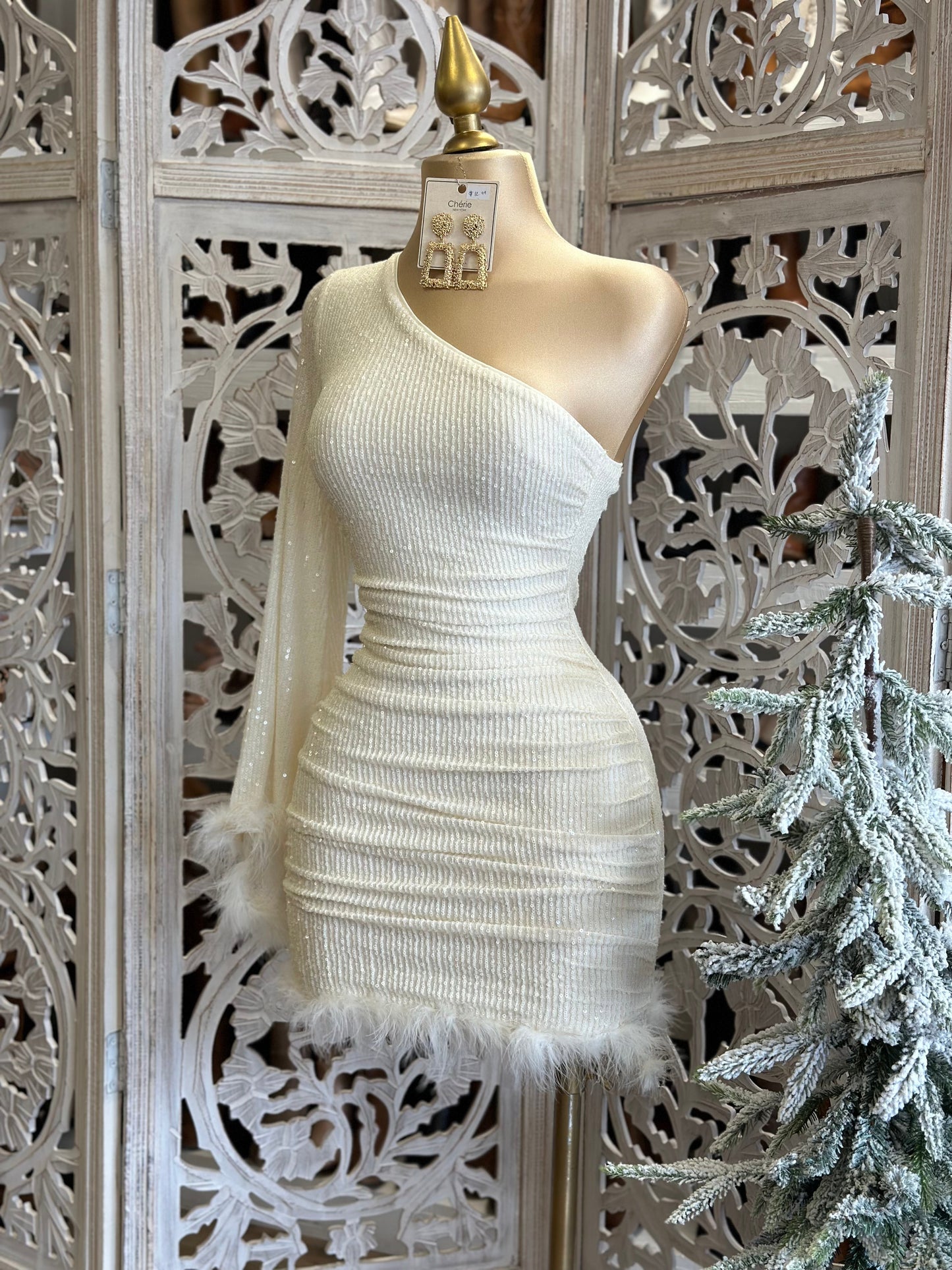 White Sequin Feathered Dress