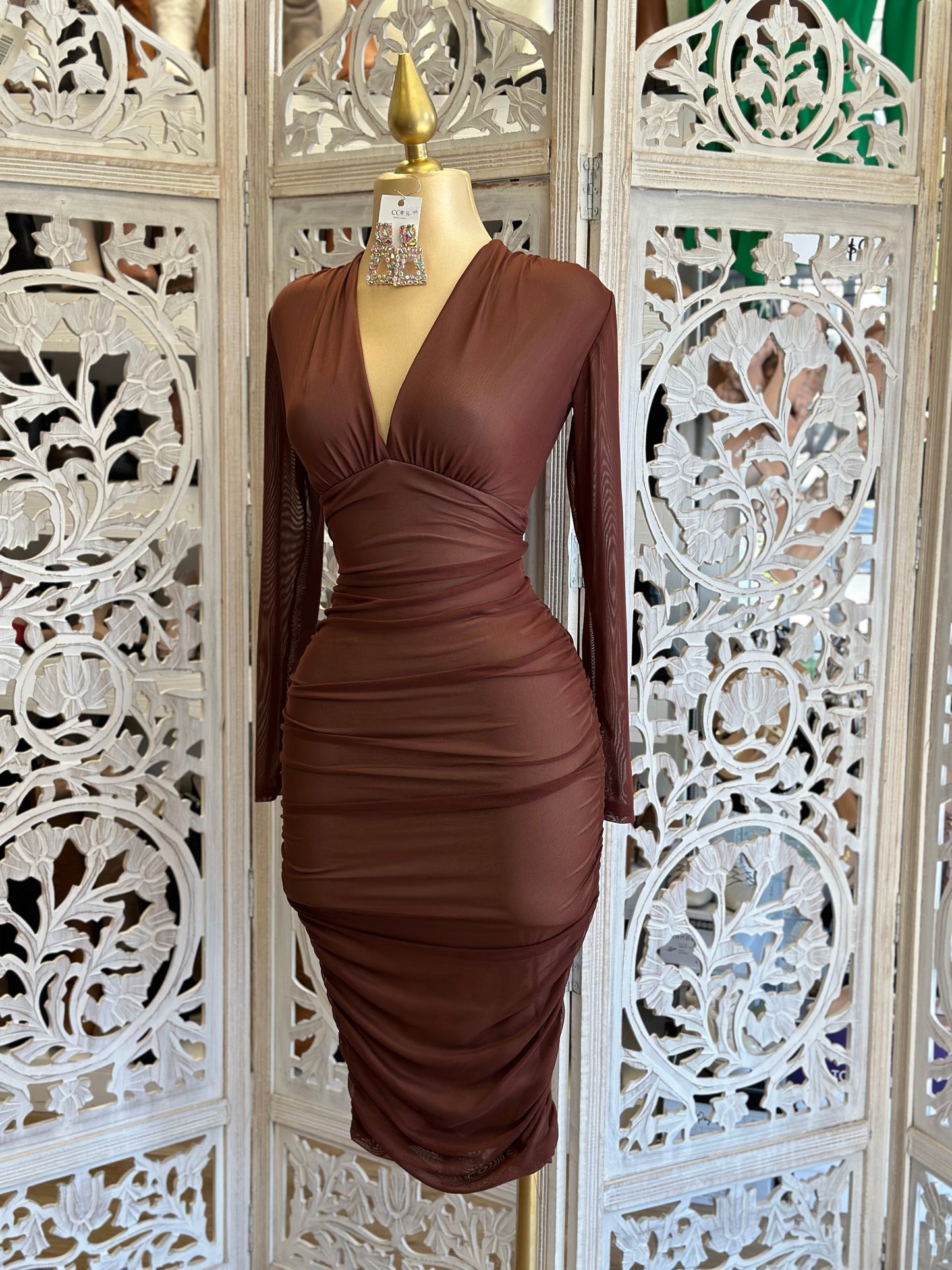 Brown Crossed Mesh Midi Dress