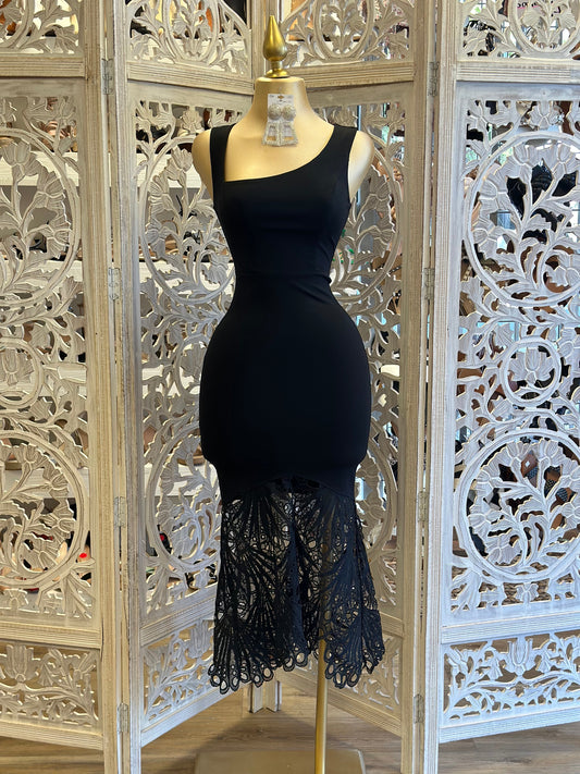 Black Assymetrical Lace Dress