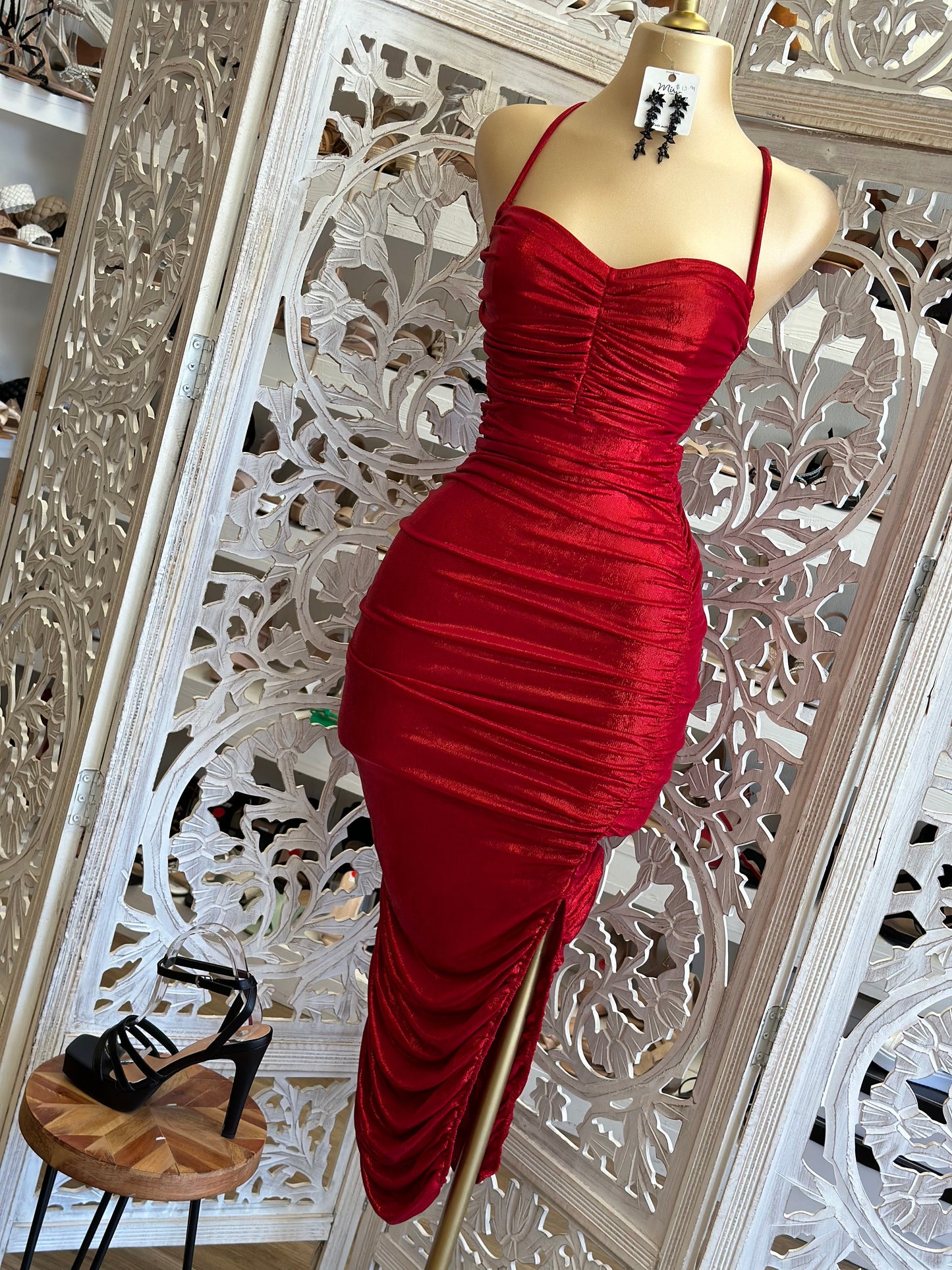 Red Ruched Midi Tie Back Dress