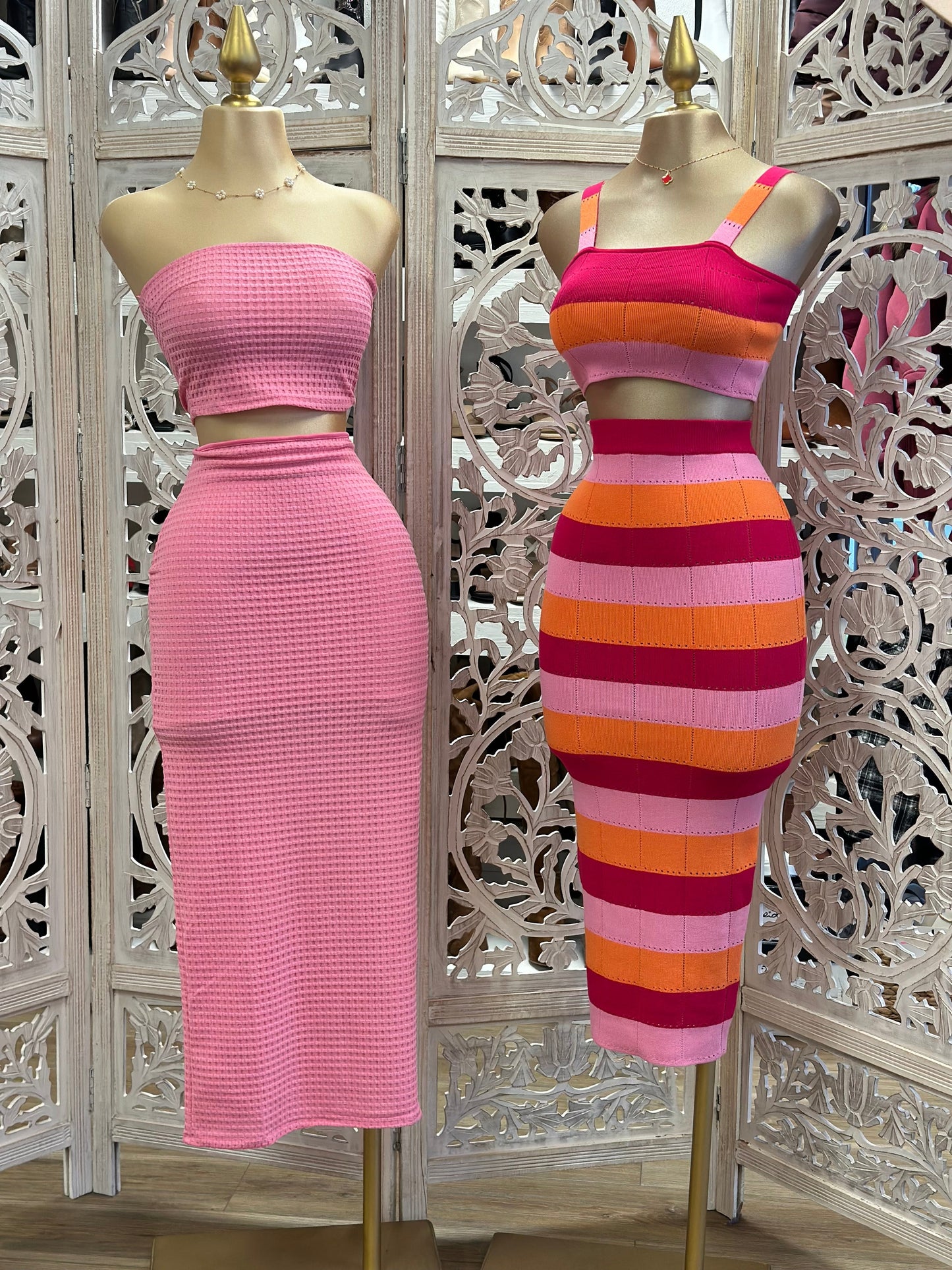 Cotton Pink Two Piece Strapless and Maxi Skirt Set- Stretchy