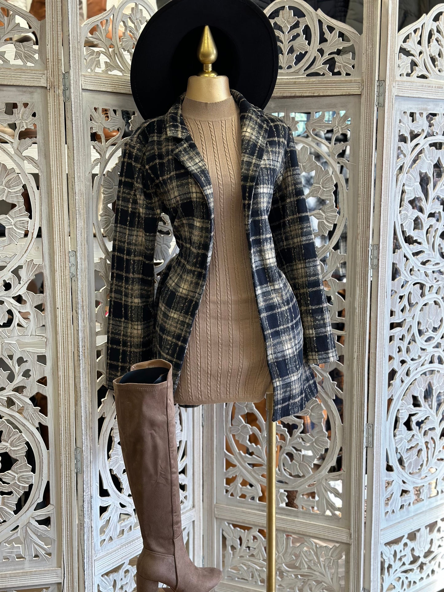 Black Plaid Mid Coat