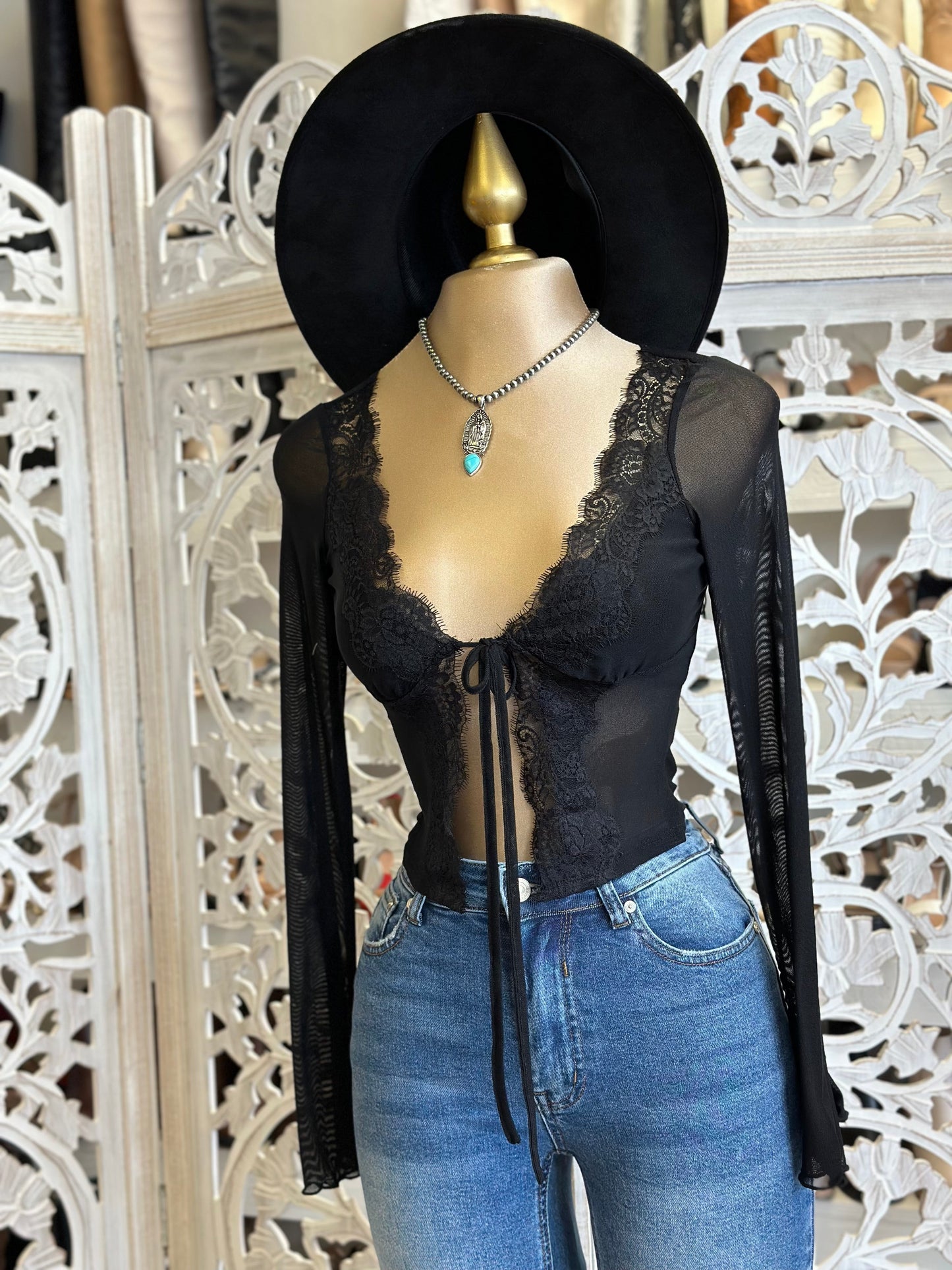 Black Mesh Lace Tie Up Blouse- Stretchy