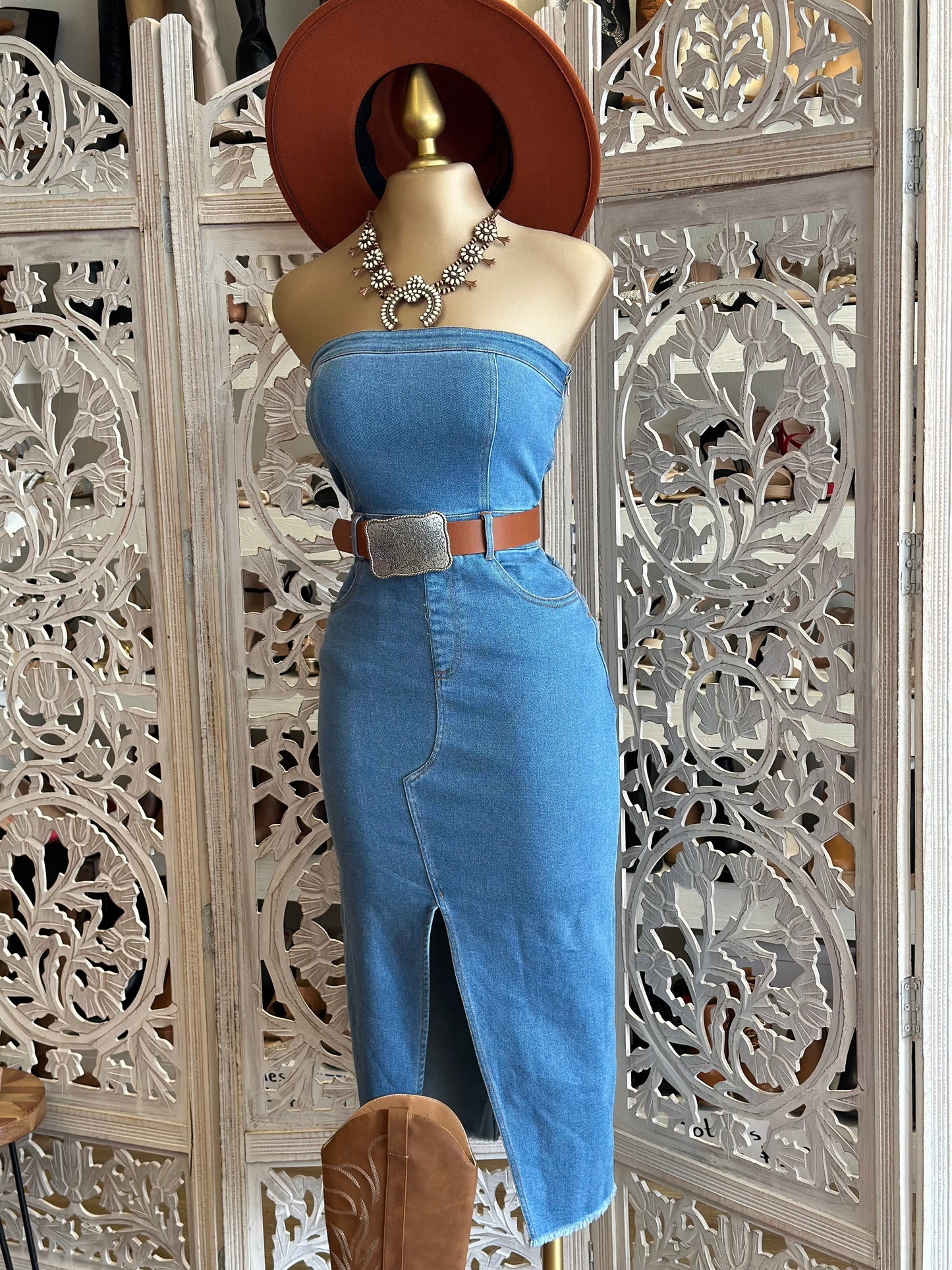 Denim Strapless Slit Dress-  Slightly Stretchy