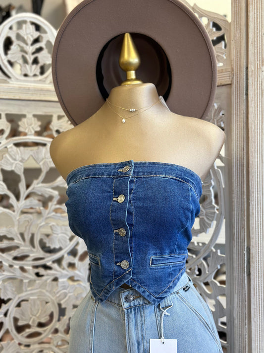 Button Denim Strapless Top- Stretchy