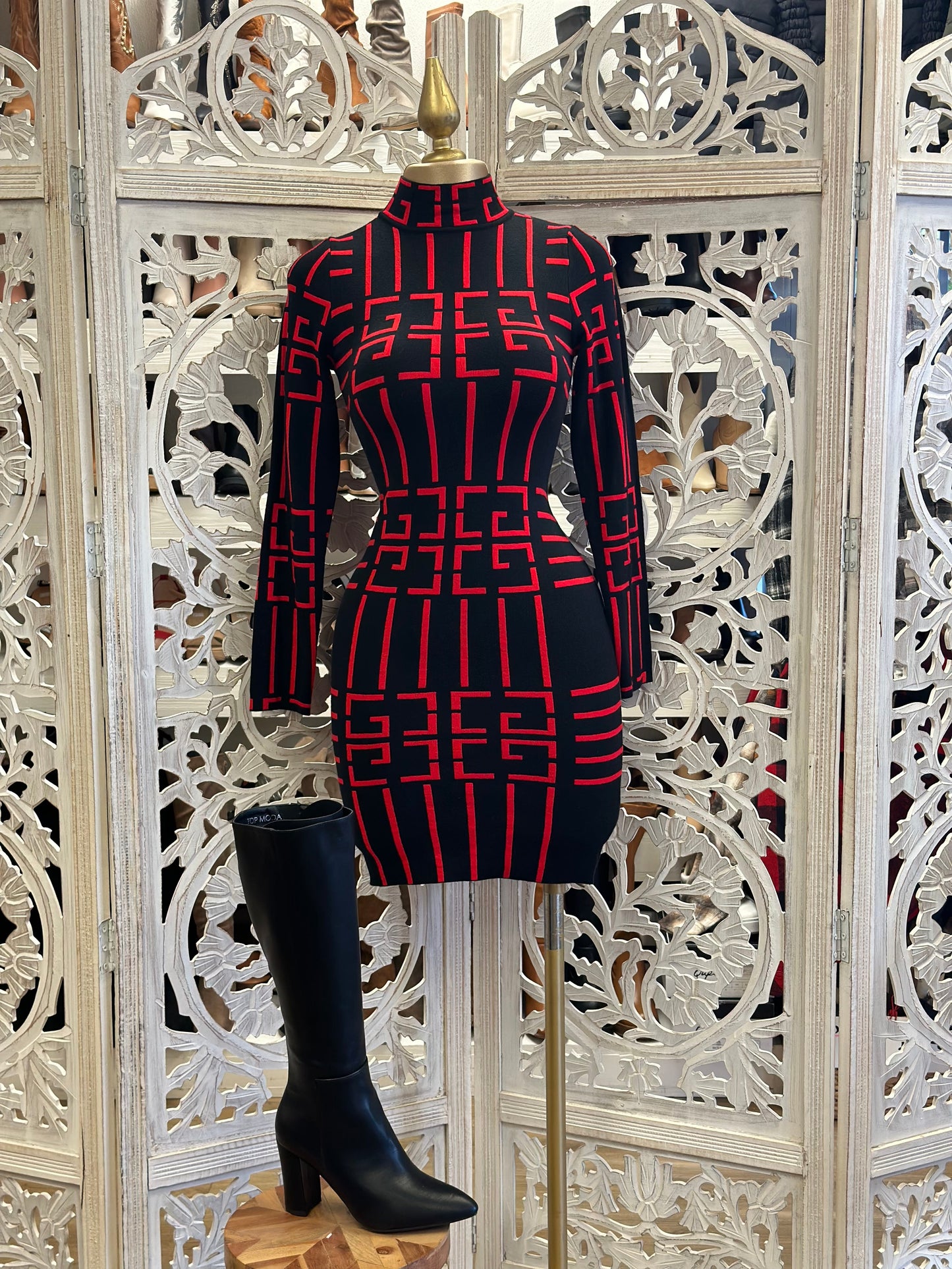 Geometric Print Red Mock Neck Dress