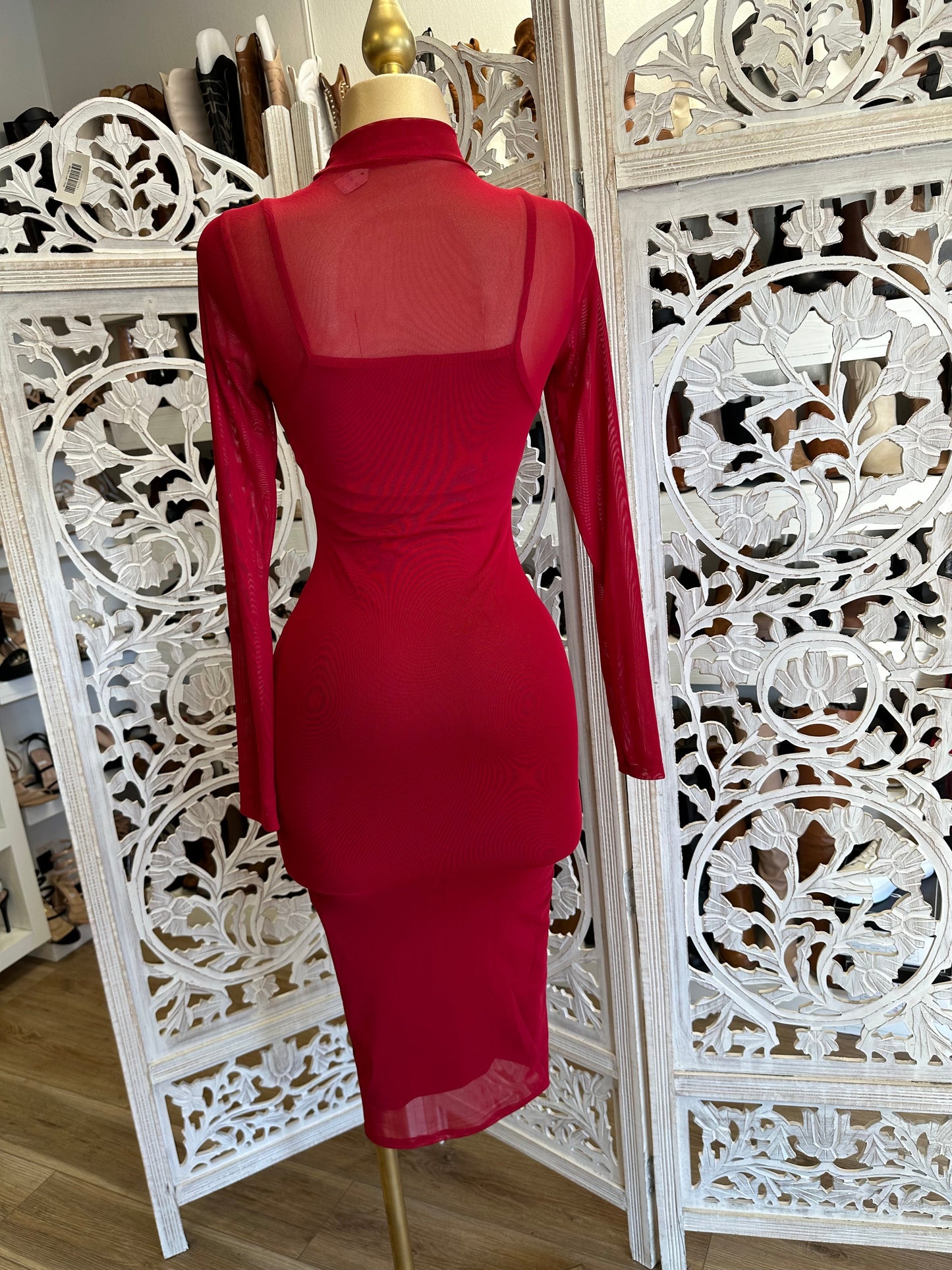 Red Mesh Mock Neck Midi Dress