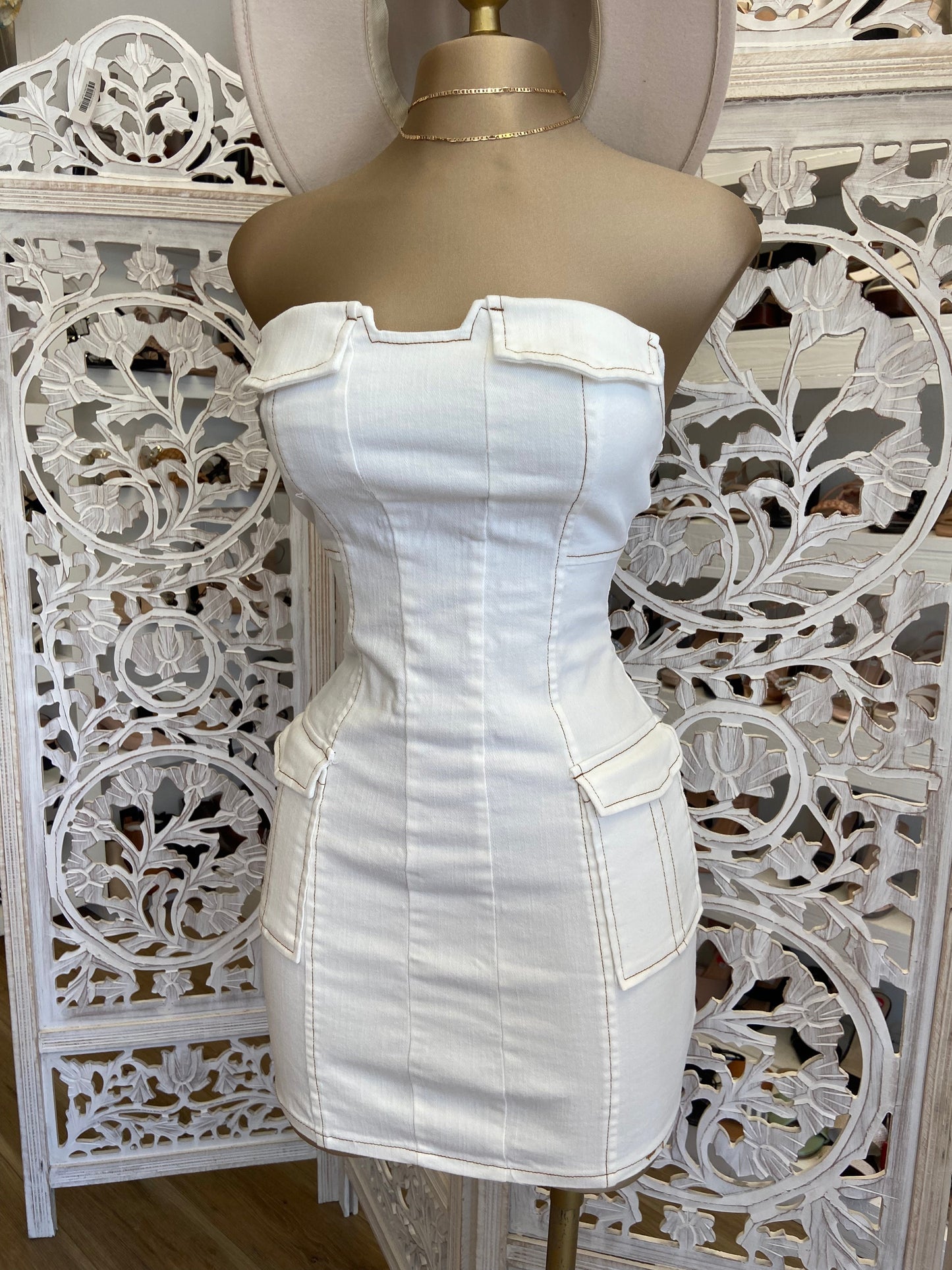 White Denim Strapless Dress