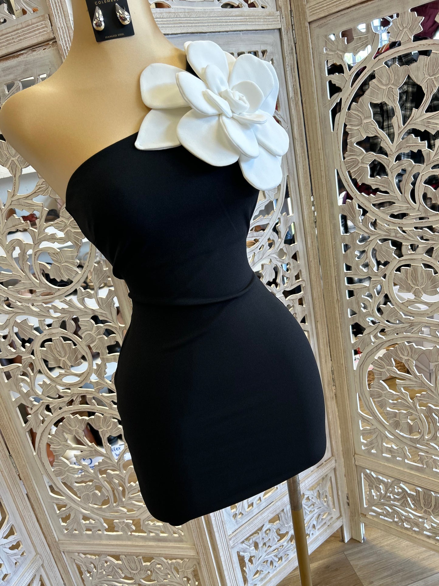 Enlarged Flower Black Mini Dress- Stretchy