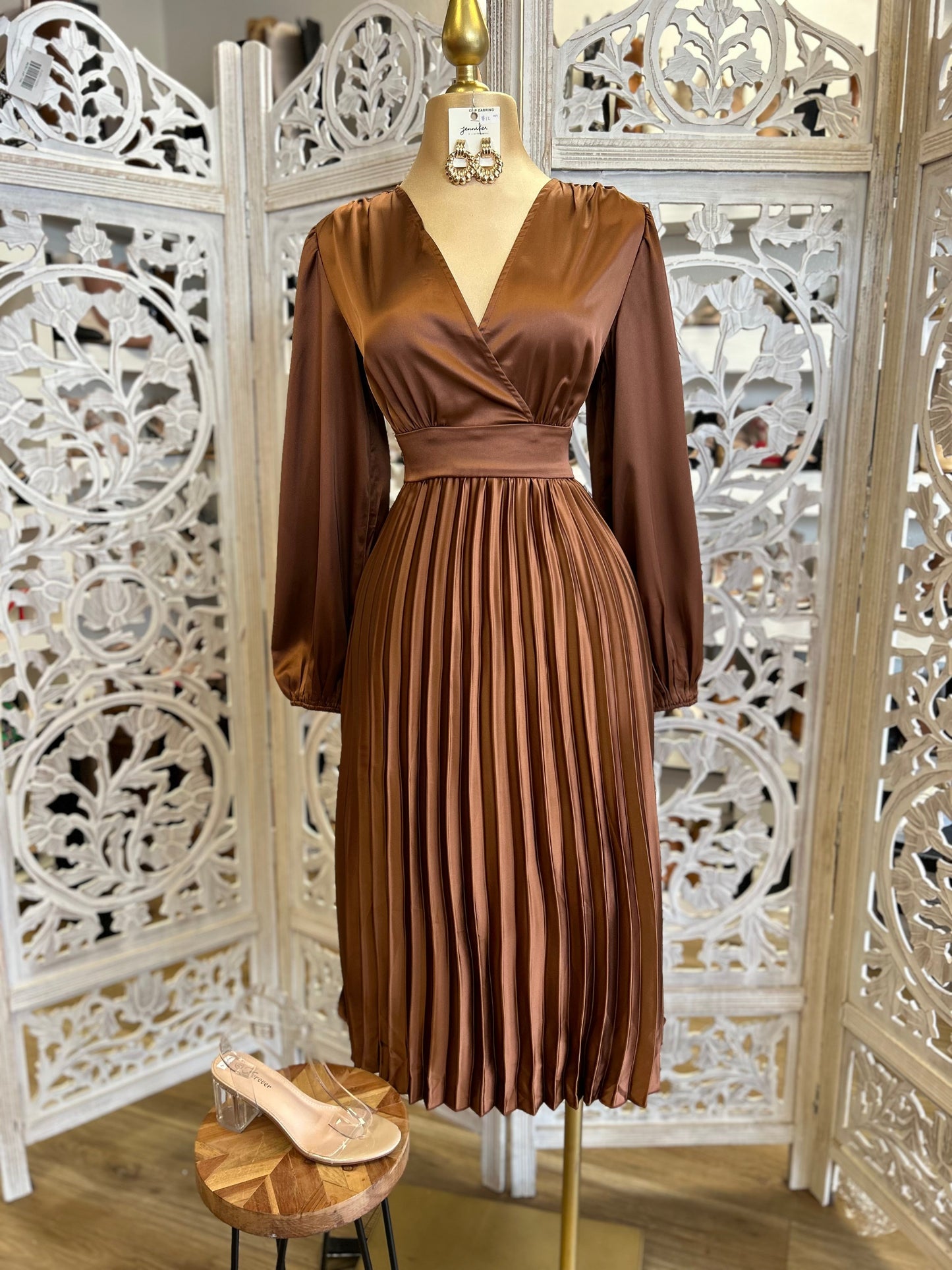 Bronze Pleated Midi Dress- Not Stretchy