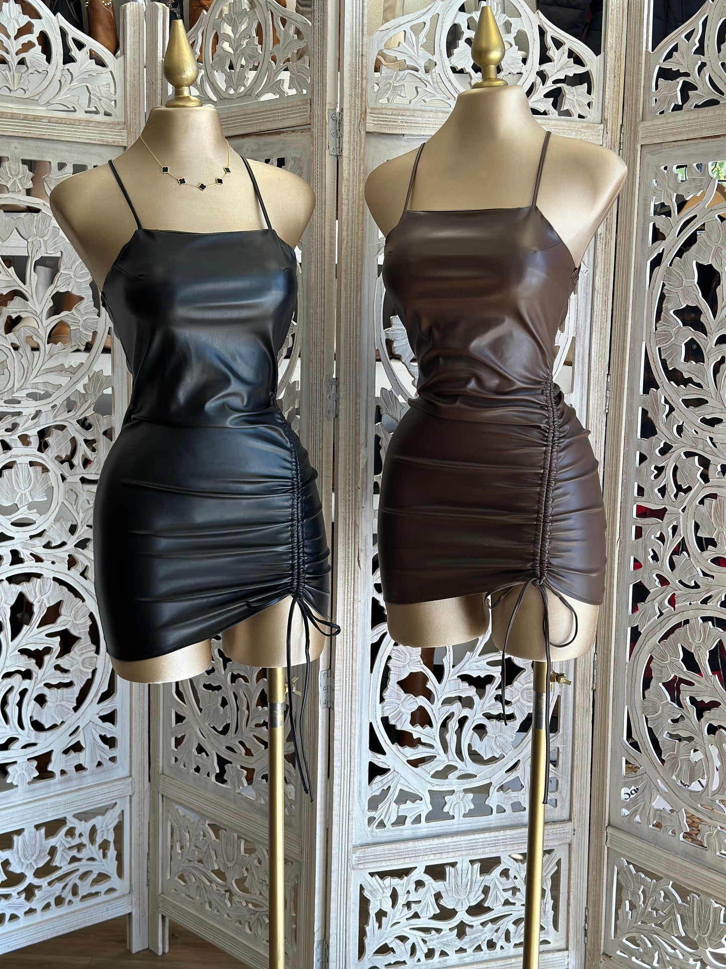 Black Faux Leather Ruched Dress