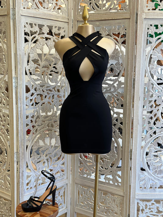 Crossed Cutout Black Mini Dress