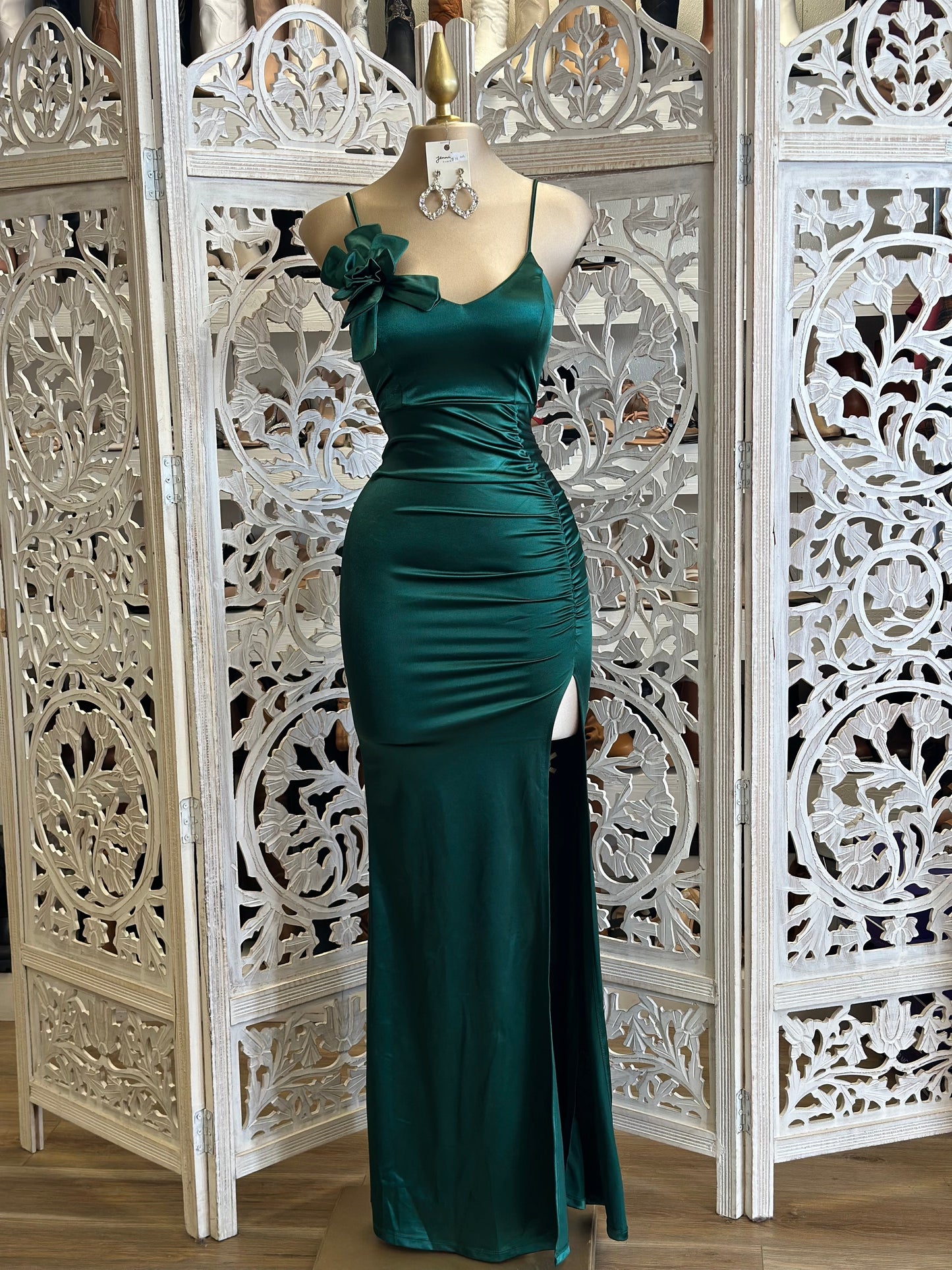 Dark Green Formal Flower Detail Dress- Stretchy